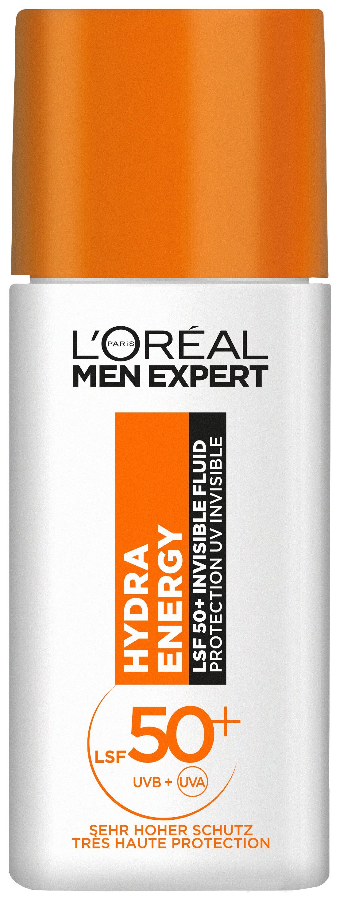 L'ORÉAL PARIS MEN EXPERT Gesichtsfluid HYDRA ENERGY TÄGLICHES LSF 50+ INVISIBLE FLUID, Beugt sonnenbedingte Hautalterung vor, fettet und klebt nicht.