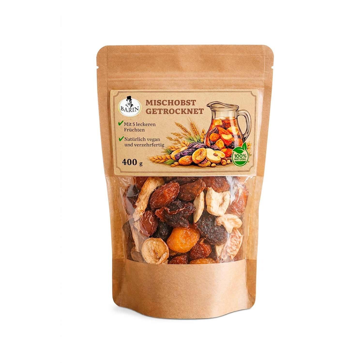 BARIN Trockenfrüchte Mischobst getrocknet, 1 x 400 g, 1 St. (Naturbelassen & ohne Zusatzstoffe, eine Mischung aus Apfel -Aprikose -Süßkirsche - Bergkirsche - Pfirsich), frisch-aromatische Kombination aus Usbekistan