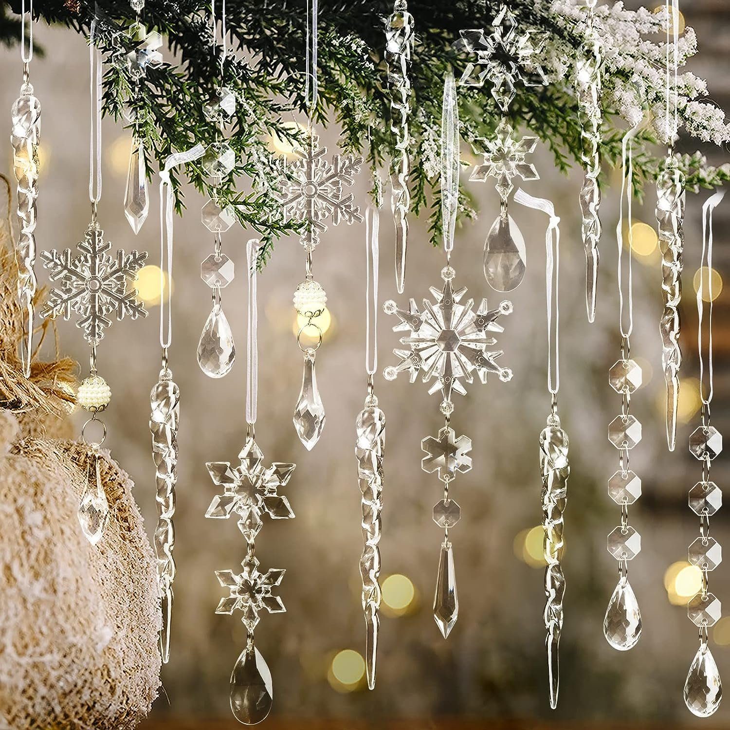 Lamon Christbaumschmuck 10 Stück Weihnachtsbaumschmuck Kristallornamente, hängende Weihnachtsschneeflocken Eiszapfen Tropfen transparent