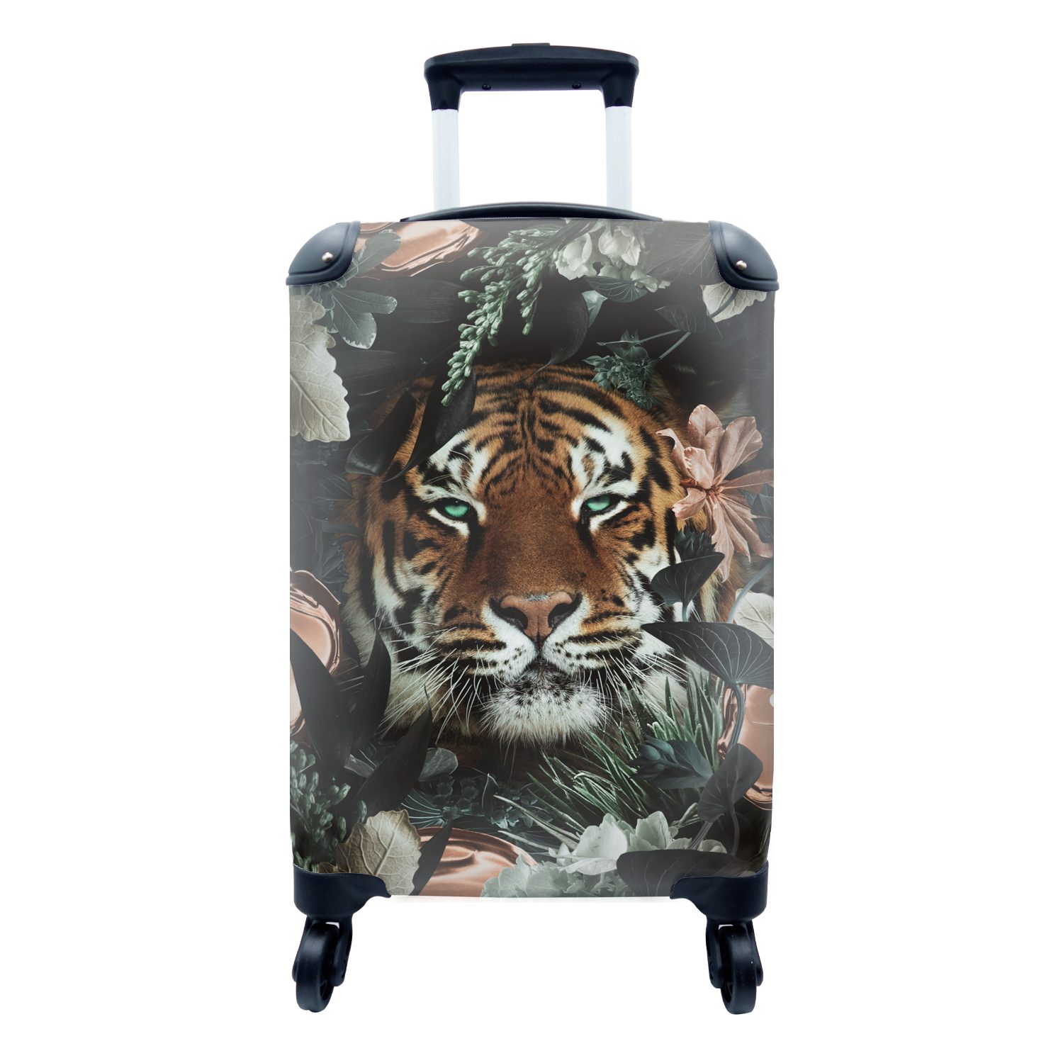 MuchoWow Handgepäckkoffer Tiger - Botanisch für Rollen, Handgepäck - Reisetasche Blumen, Ferien, Reisekoffer rollen, mit Trolley, 4