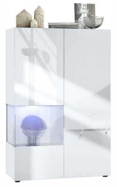 Vladon Standvitrine Morena V2 (Standvitrine, mit 2 Türen und Glaseinsatz inkl. LED-Beleuchtung) Weiß matt/Weiß Hochglanz (91,5 x 136,5 x 37 cm)