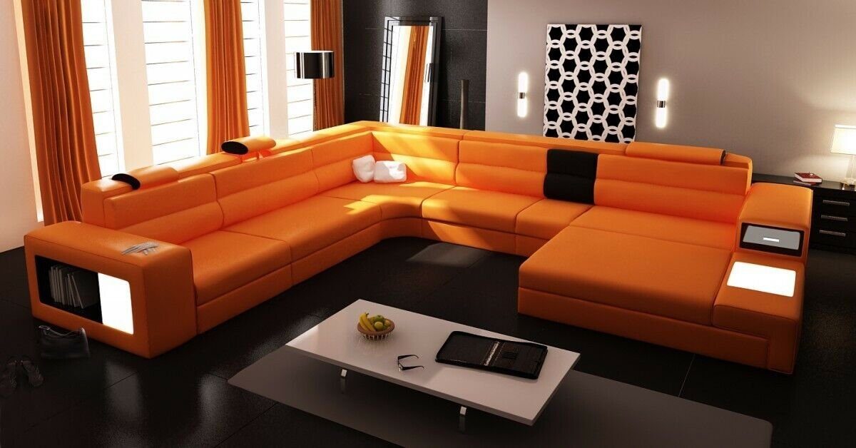 JVmoebel Ecksofa Couchgarnitur Ecke Sitzecke Leder Sofa Couch Wohnlandschaft USB Orange
