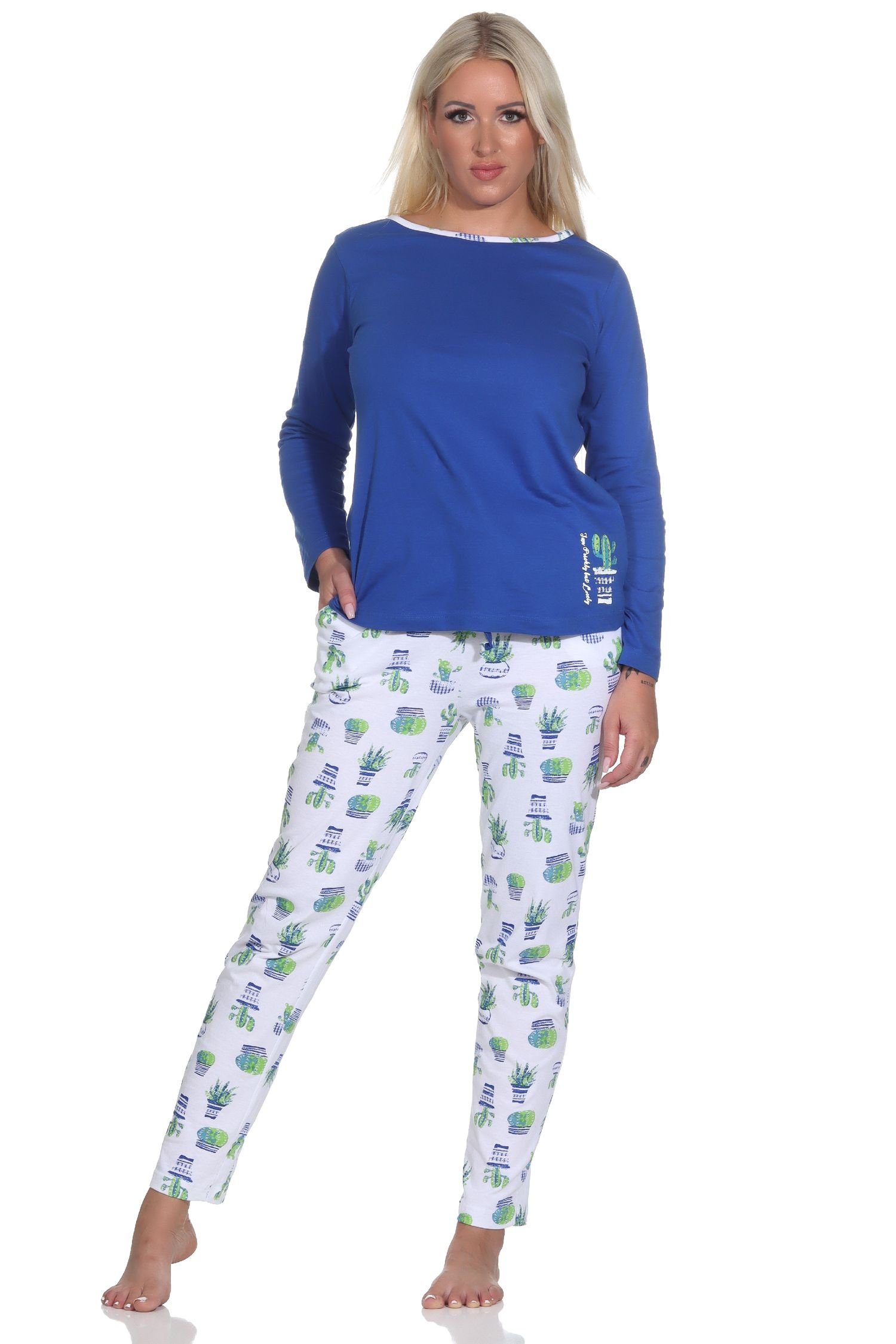 Normann Pyjama Damen Schlafanzug Lang, Oberteil mit Kaktus als Motiv, Hose bedruckt blau