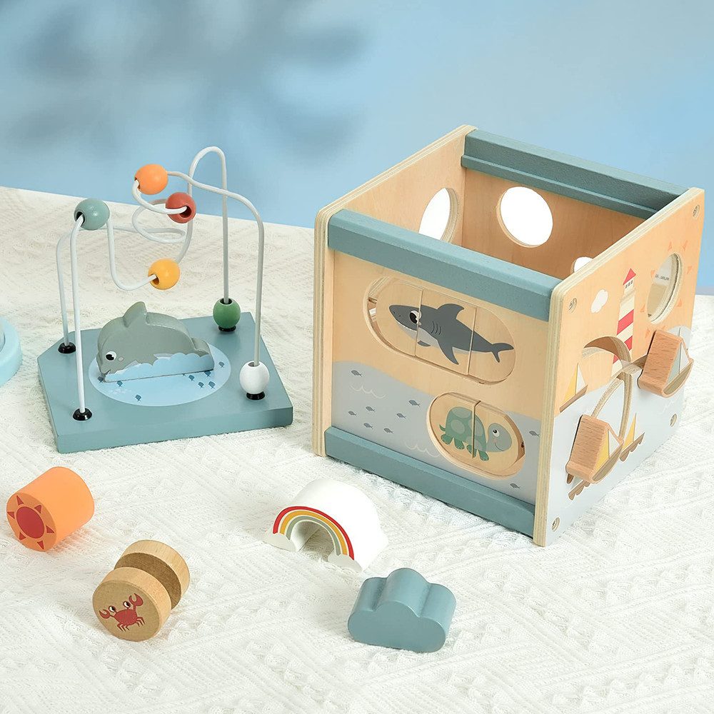CLTYQ Motorikwürfel Motorikwürfel aus Holz 6-in-1 Montessori Spielzeug für Kinder, (39-tlg), Lernspielzeug Activity Cube mit Formensteckspiel und Motorikspiel