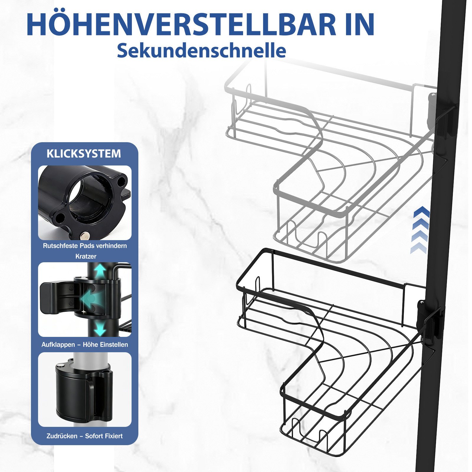 Sekey Duschregal Teleskop-Duschregal ohne Bohren, 4 Ablagen, 80–310 cm, Badregal Eckregal, höhenverstellbar, bis 20 KG