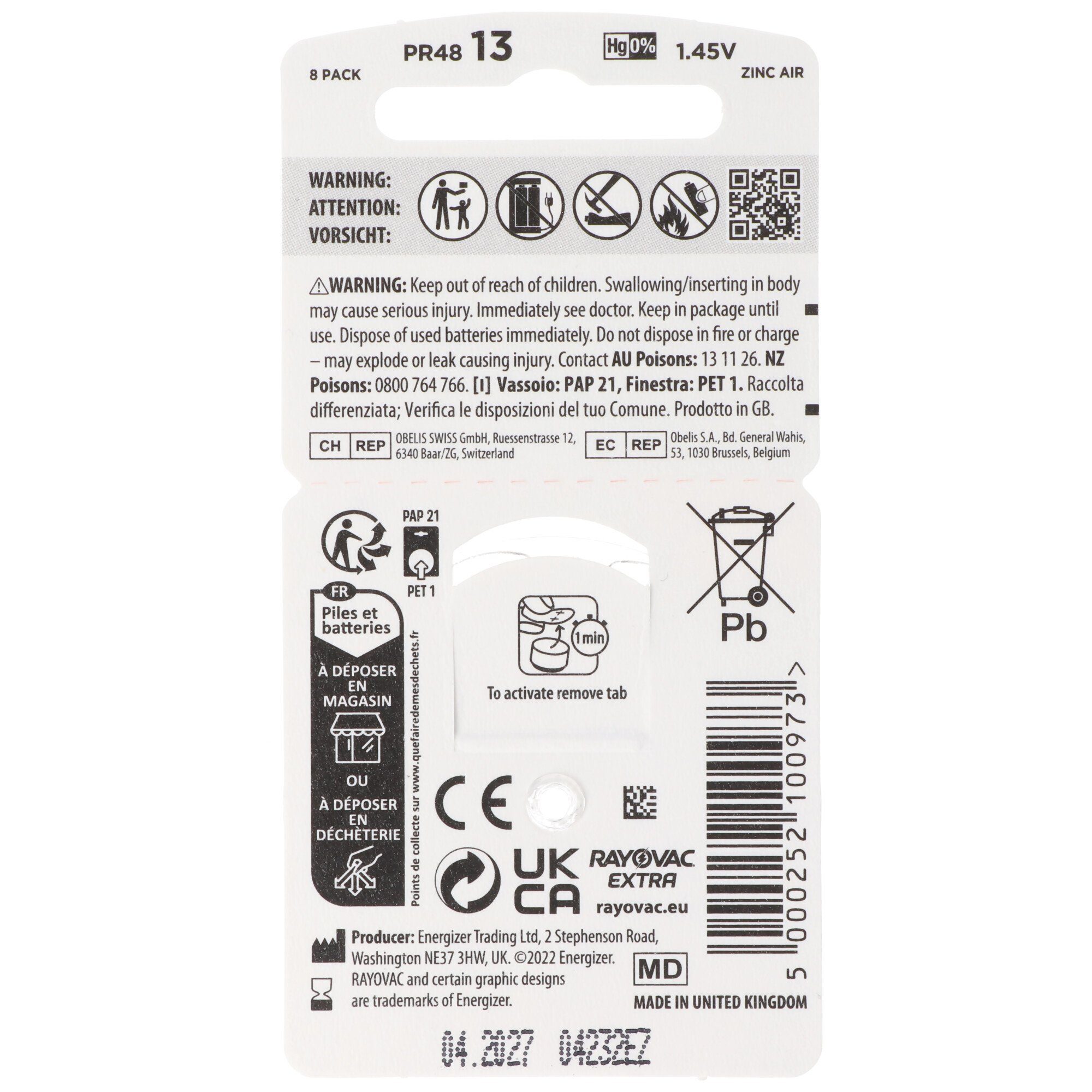 (1,5 V) Advanced 6 HA13 Hörgeräte RAYOVAC Batterie, PR48 Sparpack 8er Rayovac Batterien Extra