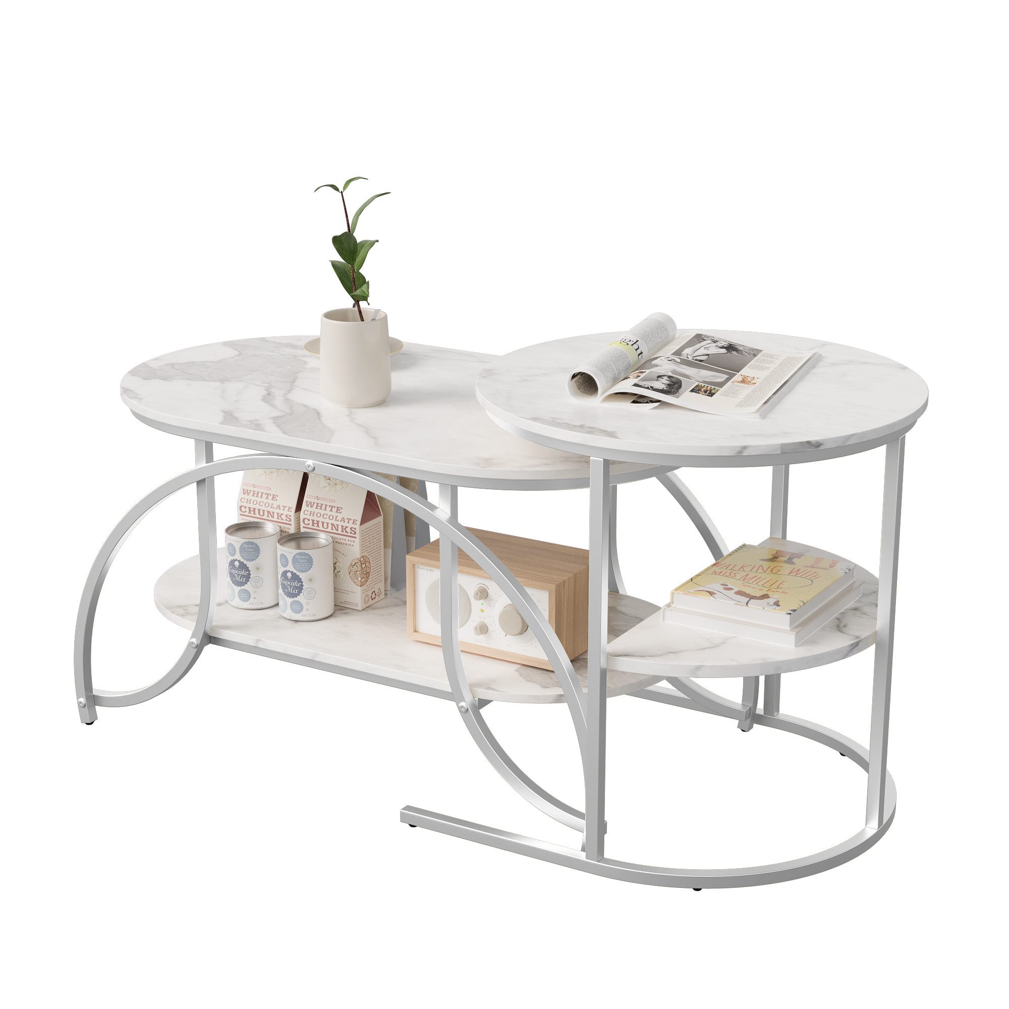 PXloue Couchtisch rund Beistelltisch Satztische 2er Set, 2 in 1 Mit Marmormuster Tischplatte, 80 x 46 x 45 cm/52 x 51 cm