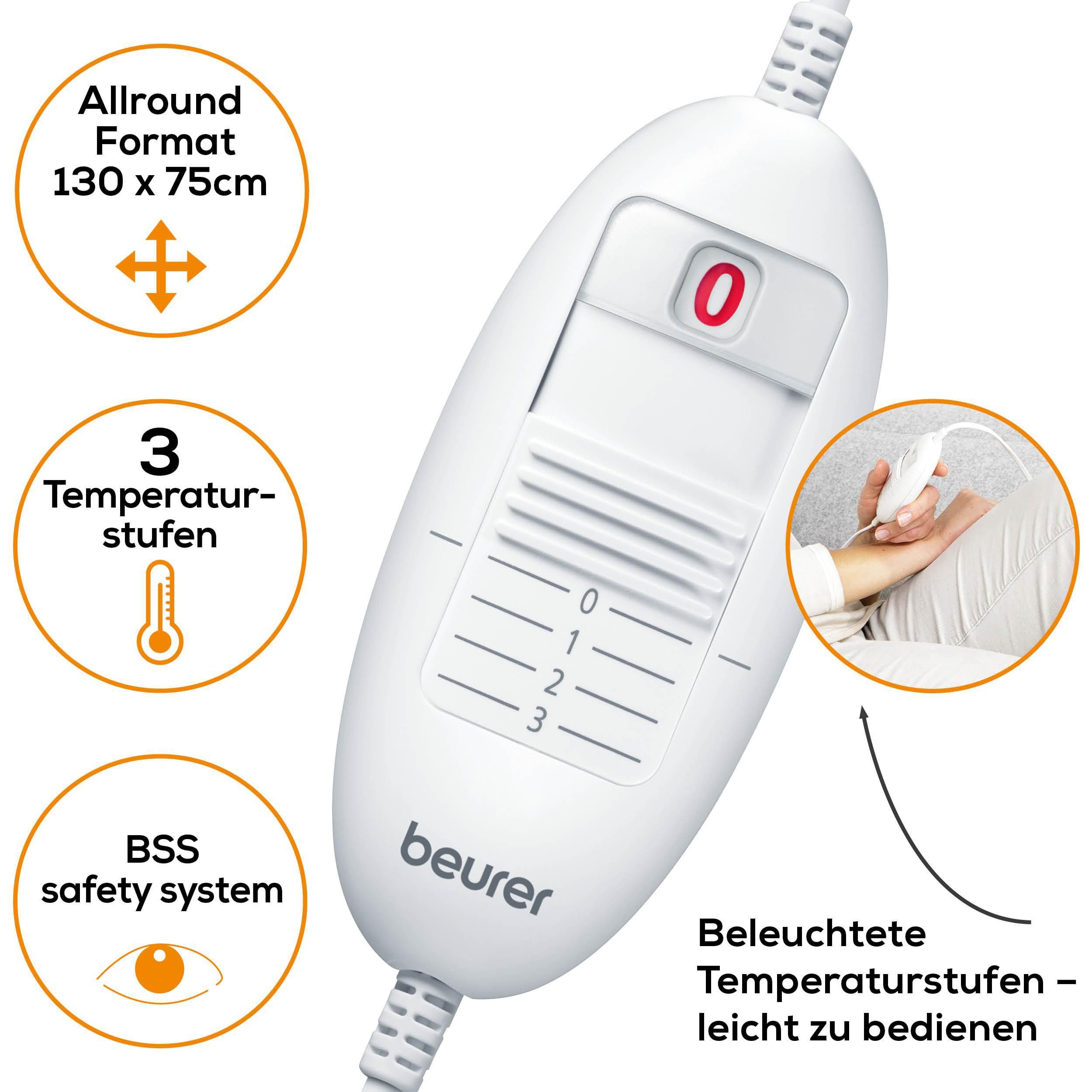BEURER Wärmeunterbett UB 30, mit Baumwoll-Oberseite für ein kuschelig vorgewärmtes Bett, 3 Temperaturstufen, maschinenwaschbar, atmungsaktiv