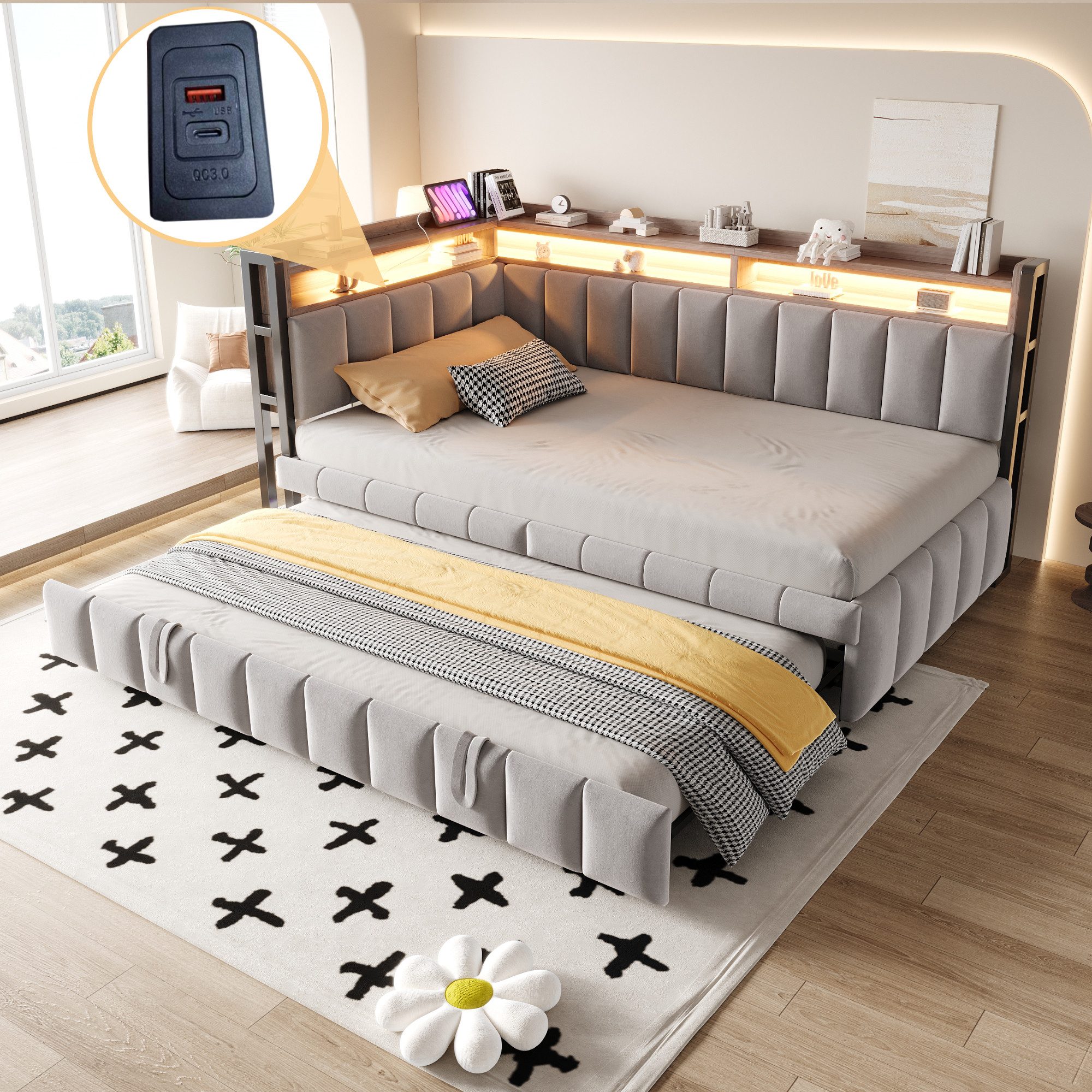 Merax Daybett 90x200cm Schlafsofa mit LED-Beleuchtung günstig online kaufen