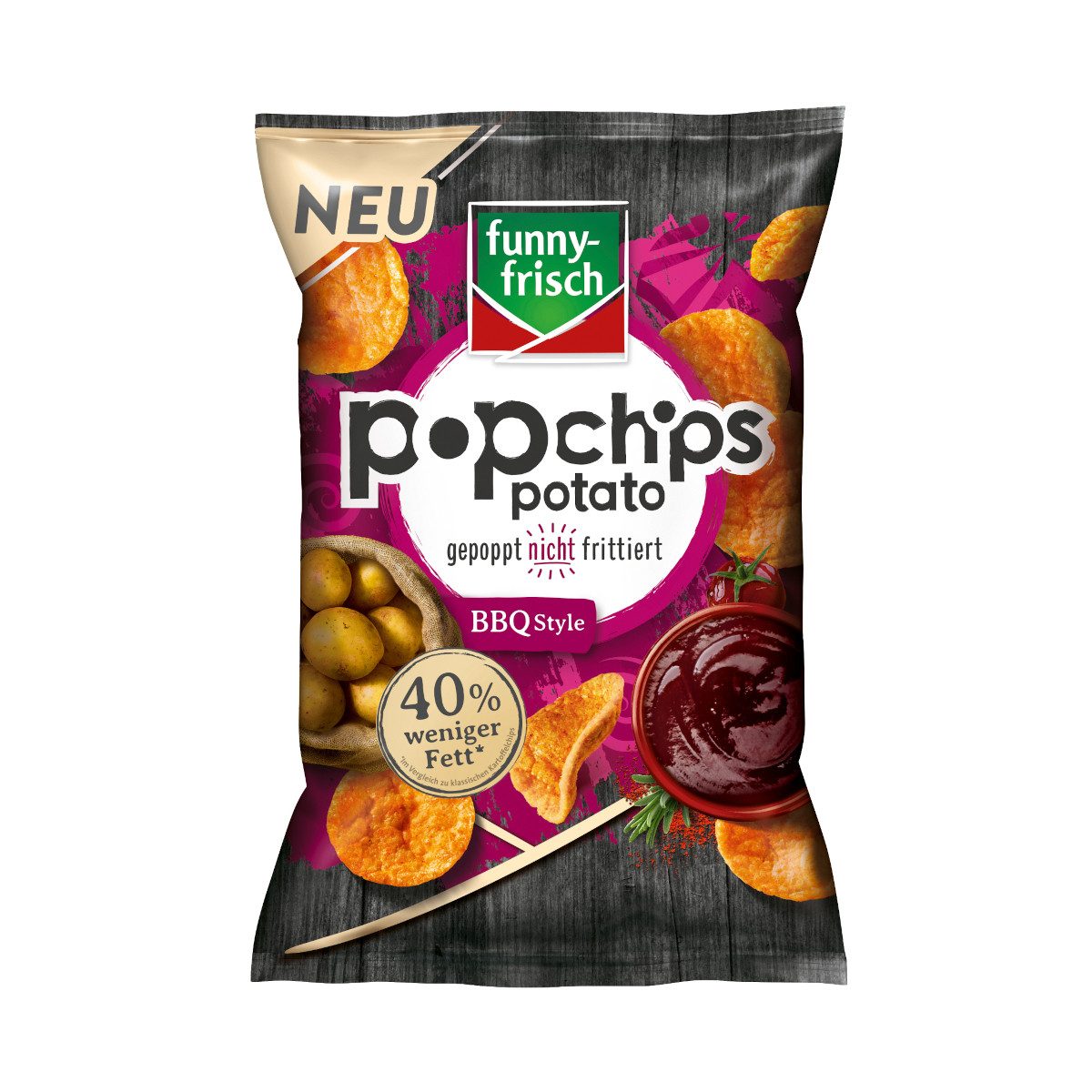funny-frisch Knabberei, funny frisch Popchips BBQ Style Kartoffelsnack mit BBQ-Geschmack 80g