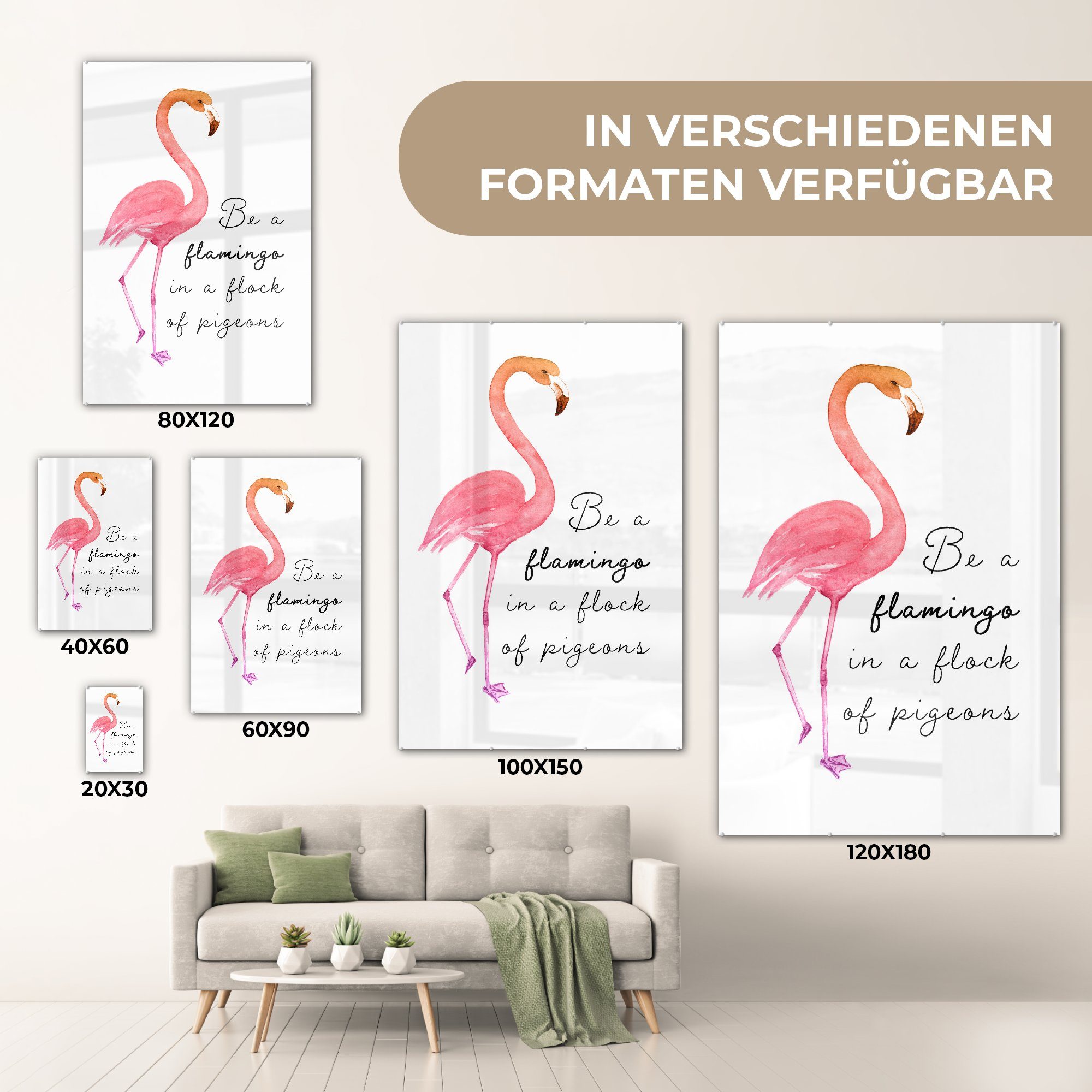 (1 auf Glasbilder Wandbild St), Glas MuchoWow Flamingo Glas - Bilder auf Wanddekoration - bunt - - - Orange Foto Acrylglasbild Zitat,
