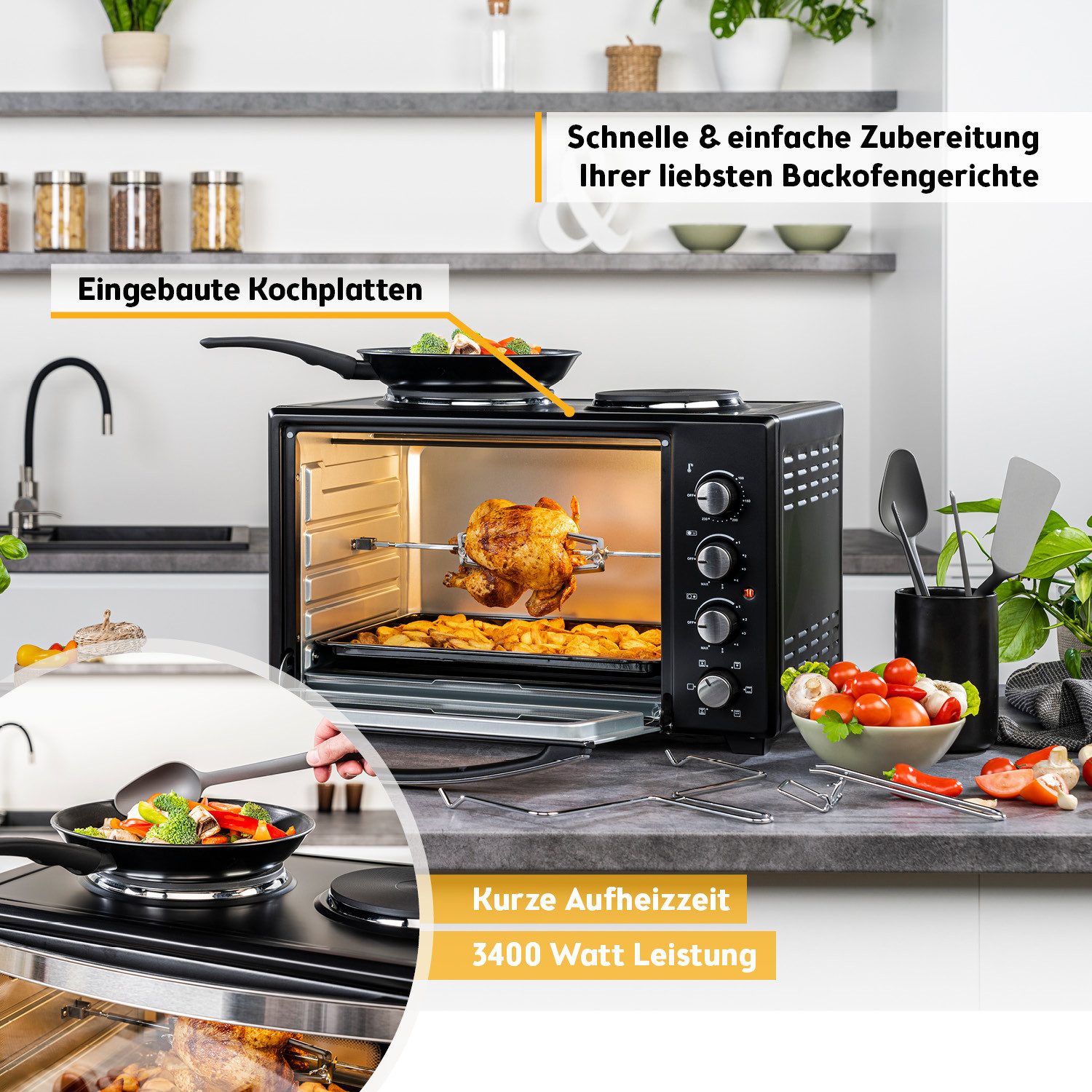 TZS FIRST AUSTRIA Minibackofen mit Kochplatten 60L 3400W, stufenlose Temperaturregelung bis 230°C, max 230°C, Backblech, Drehspieß, Grillrost, Innenbeleuchtung – Bild 4 von 5