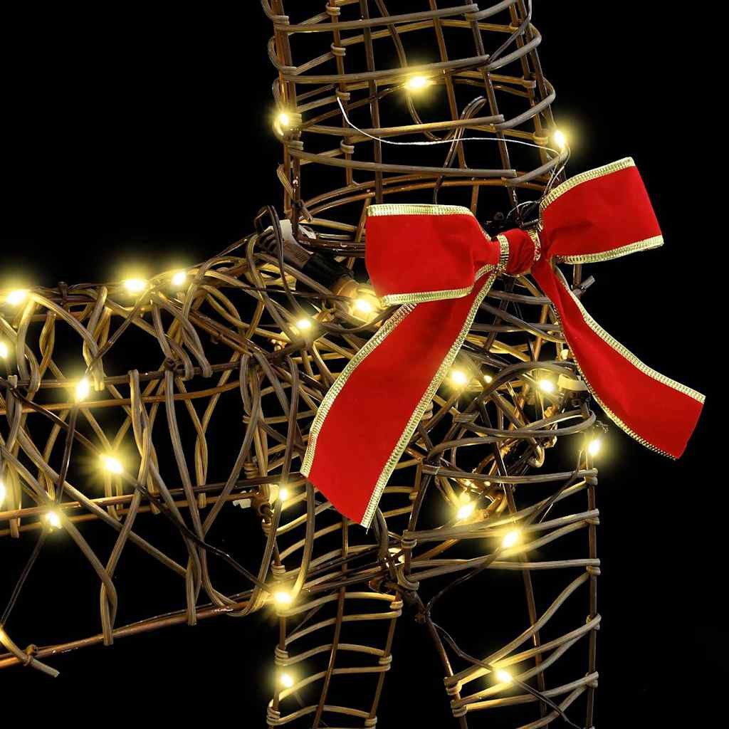 vidaXL Christbaumschmuck Rentier Zieh Schlitten Warmweiß 70 x 26 x 128,5 cm Rattan (1-tlg)