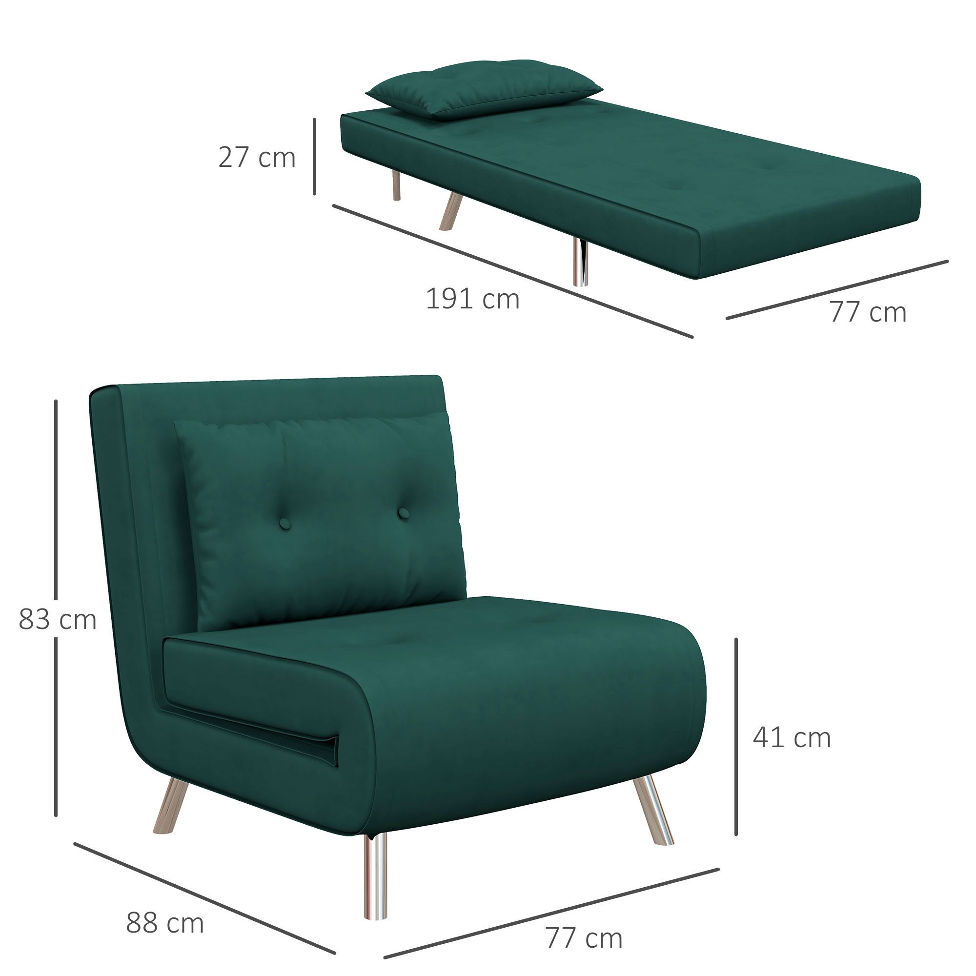 HOMCOM Sessel Schlafsessel, Klappsessel mit Bettfunktion, Einzelsofa mit Kissen (Gästebett, 1-St., Polstersofa), für Wohnzimmer, Schlafzimmer, Dunkelgrün, 77 x 88 x 83 cm