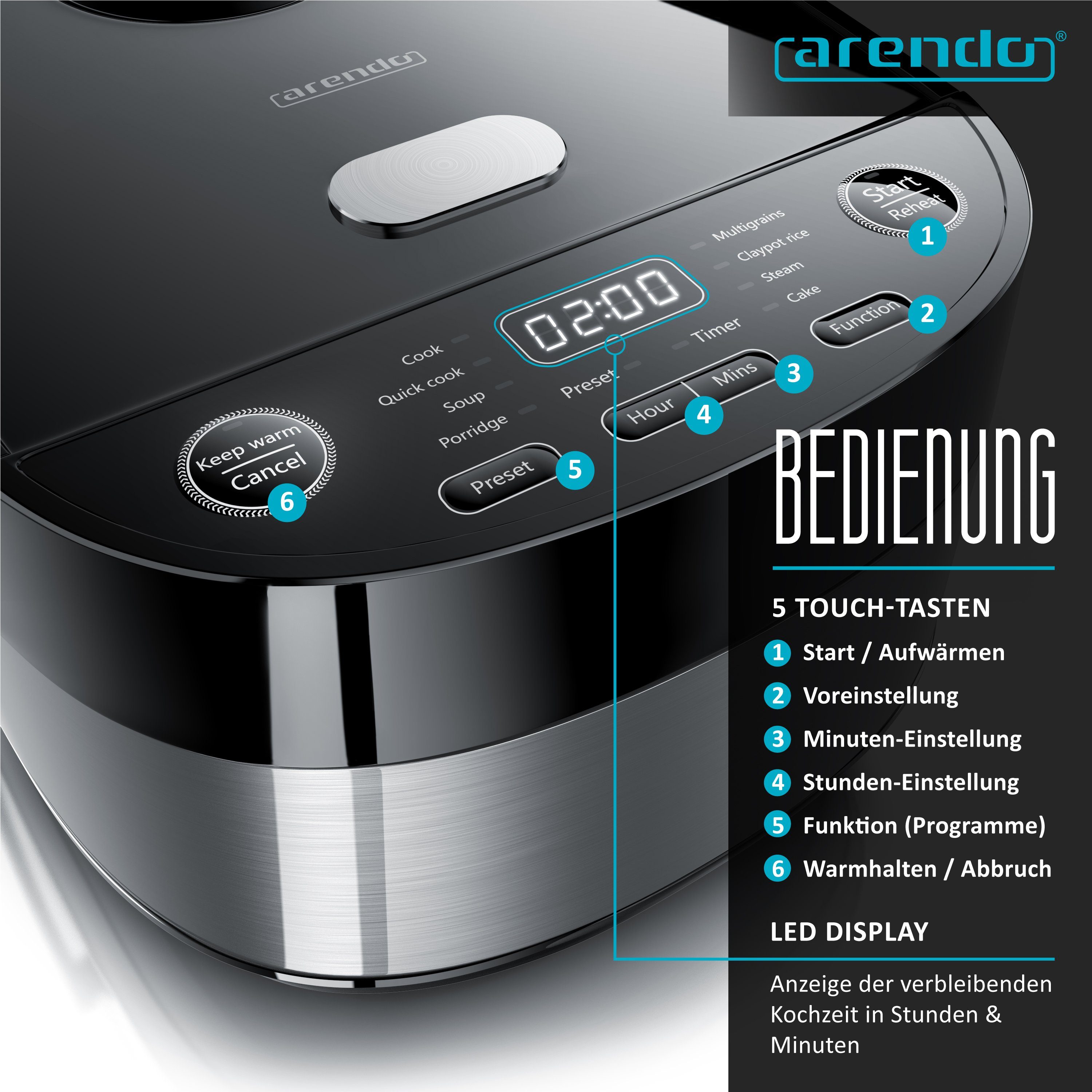 Arendo Reiskocher Multikocher, Dampfgarer mit 3D Heizsystem und 8 Programme + Timer, 800 W, Antihaftbeschichtung, inkl. Dampfgareinsatz und Warmhaltefunktion