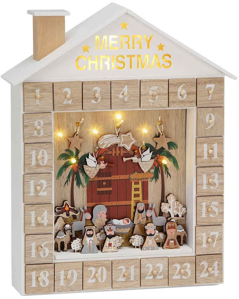 BRUBAKER befüllbarer Adventskalender Weihnachtskalender zum Befüllen - Bibelgeschichte mit LED Beleuchtung, Holz Kalender Weihnachten Krippe - 31,5 cm