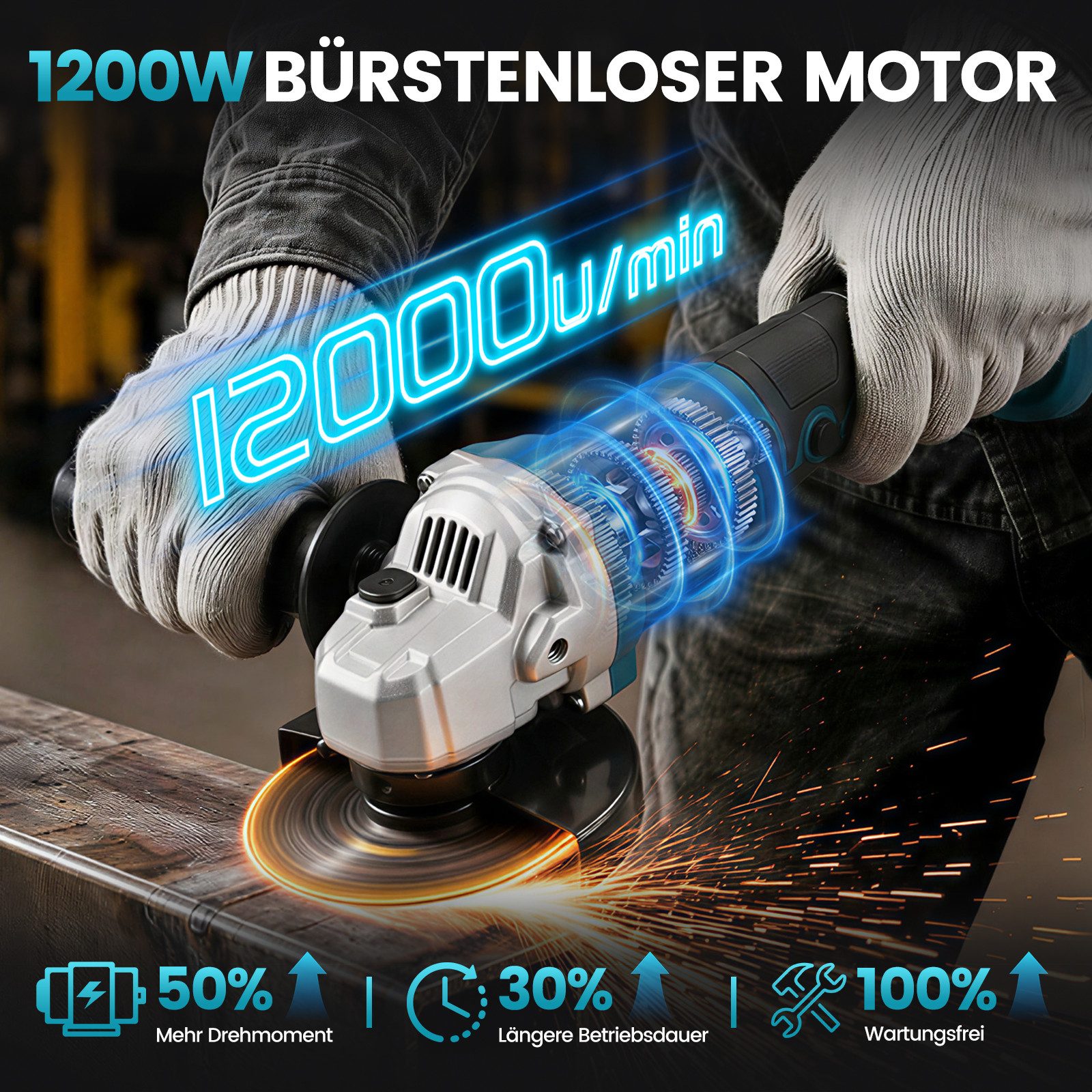 Bundviel Akku-Winkelschleifer Elektrischer Winkelschleifer 21V Bürstenloser Motor Trennschleifer, max. 12000 U/min, 12000 U/min, Ø 125mm inkl. 2×4,0Ah Akku und  – Bild 2 von 5
