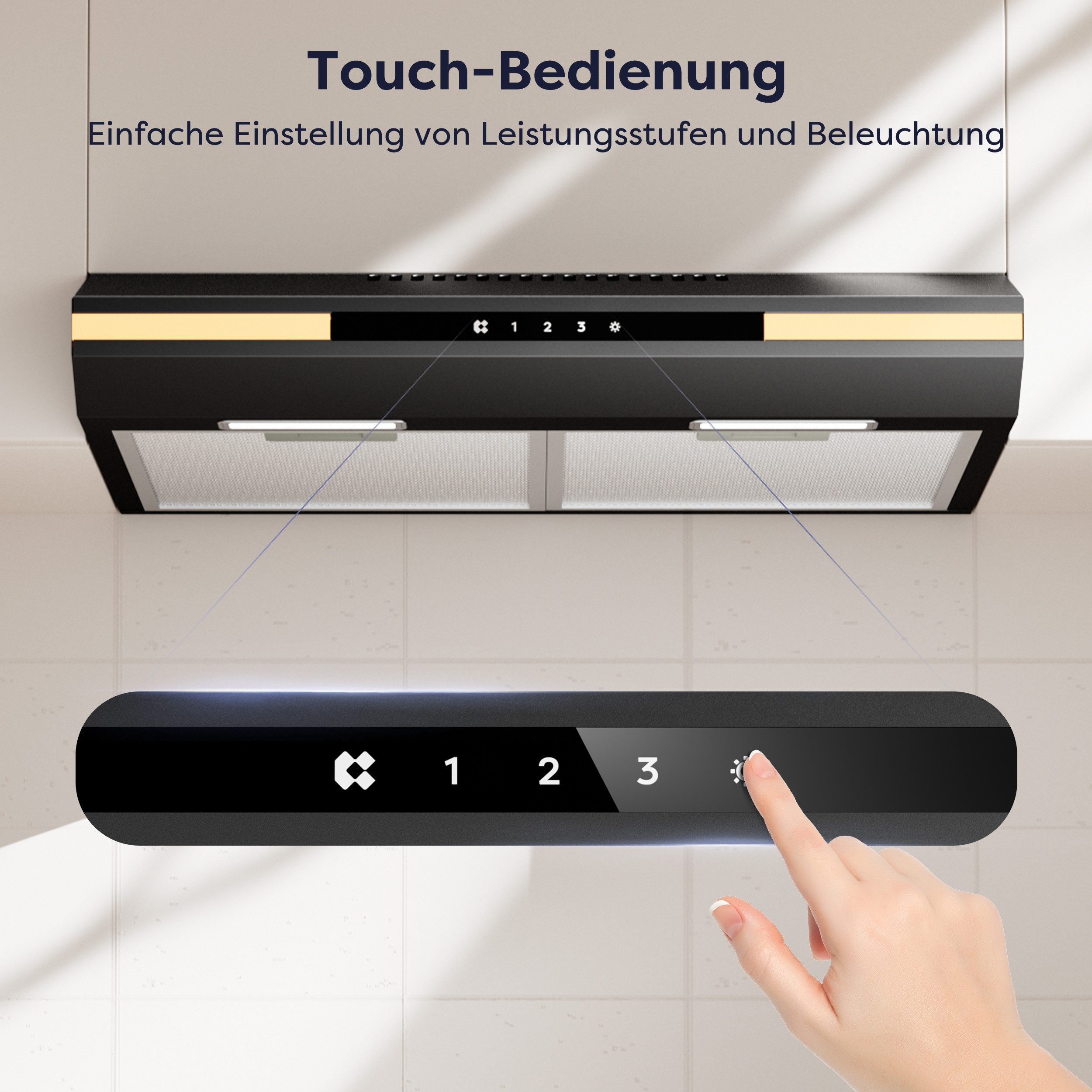 CIARRA Unterbauhaube 60 cm Dunstabzugshaube SensorTouch A+ Abluft & Umluft Schwarz VM6921B Leise Abzugshaube mit 325 m³/h & LED, Elegantes Design, Schwarz – Bild 5 von 5