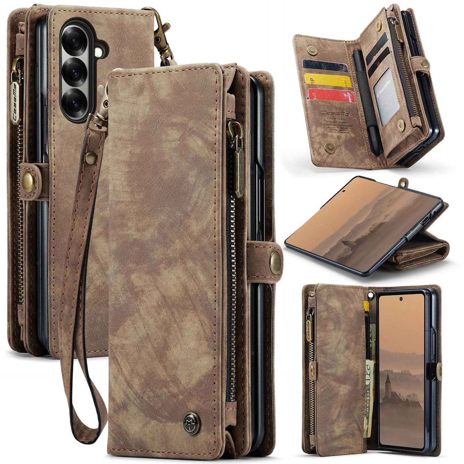 CaseMe Handyhülle Für Samsung Galaxy Z Fold7 5G Kunstleder 008 Multifunktion Hülle Braun, Kunstleder Schutz Tasche Smart Case Multifunktion