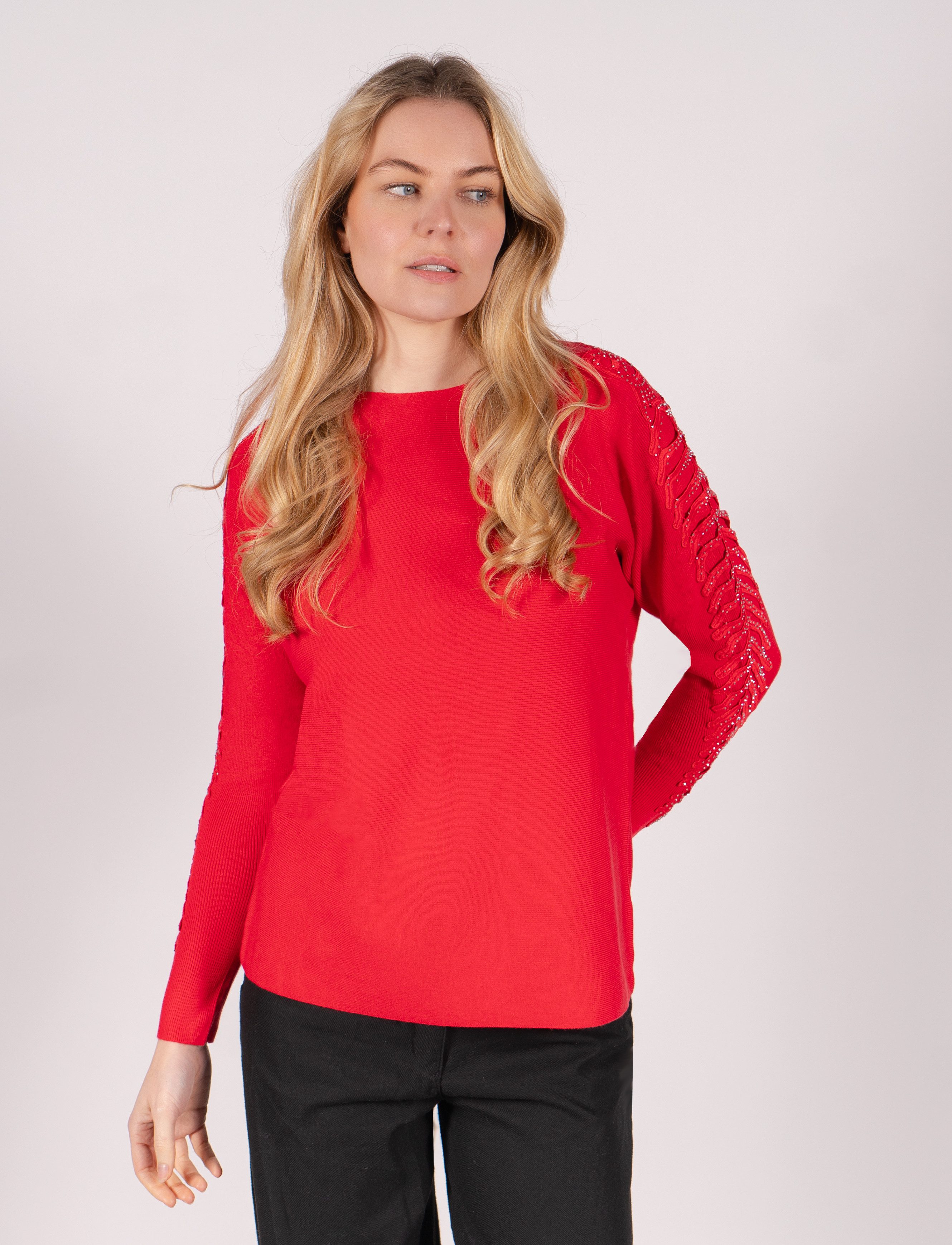 Passioni Strickpullover mit offenen gerippten Ärmeln und Glitzersteinen