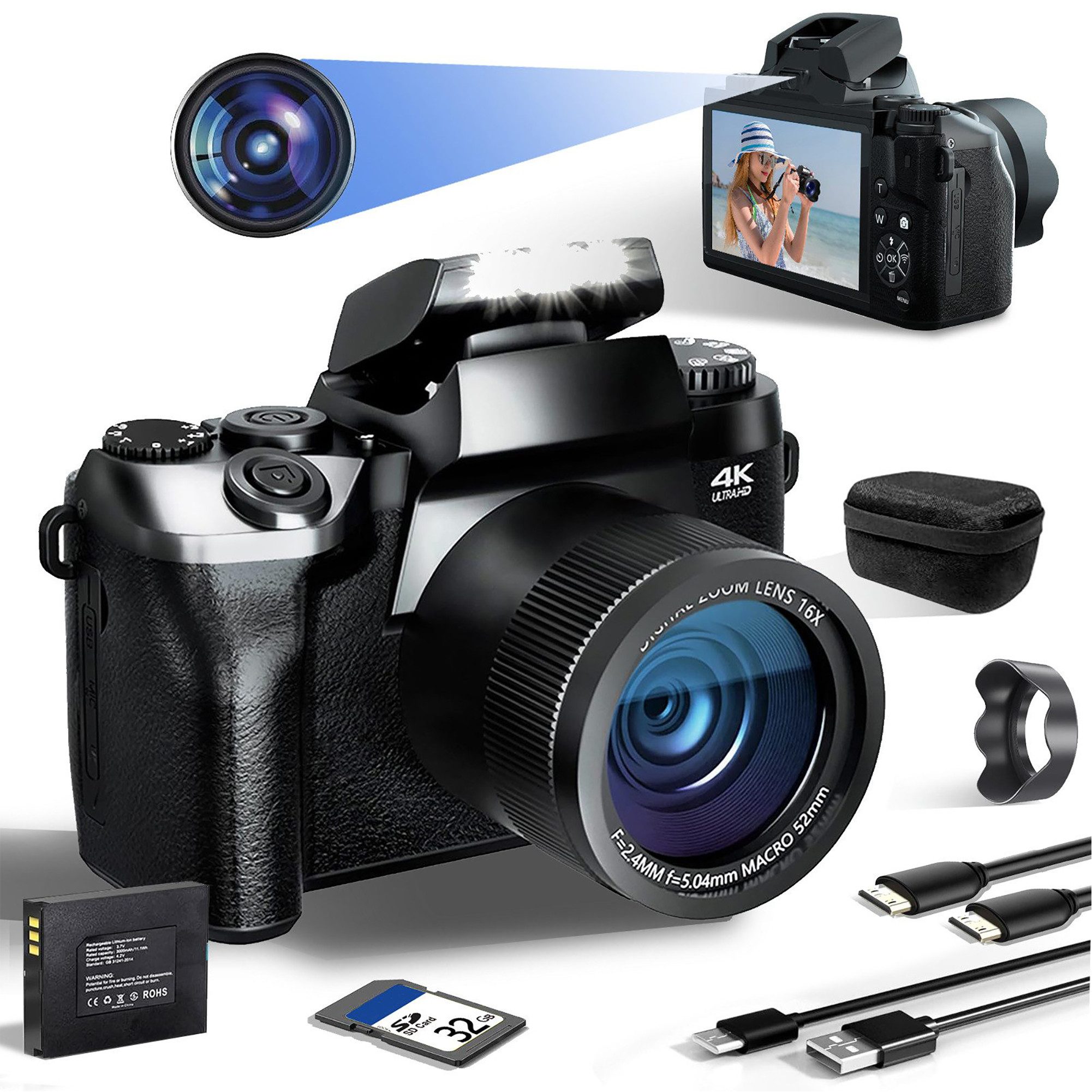 Fine Life Pro Digitalkamera 4K Autofokus 64MP 16X Digitalzoom Kompaktkamera (WLAN (Wi-Fi), inkl. Touchscreen Fotokamera mit Haube, Kompaktkamera mit WiFi Funktion, Vlog Kamera für Senioren Anfänger (Schwarz)