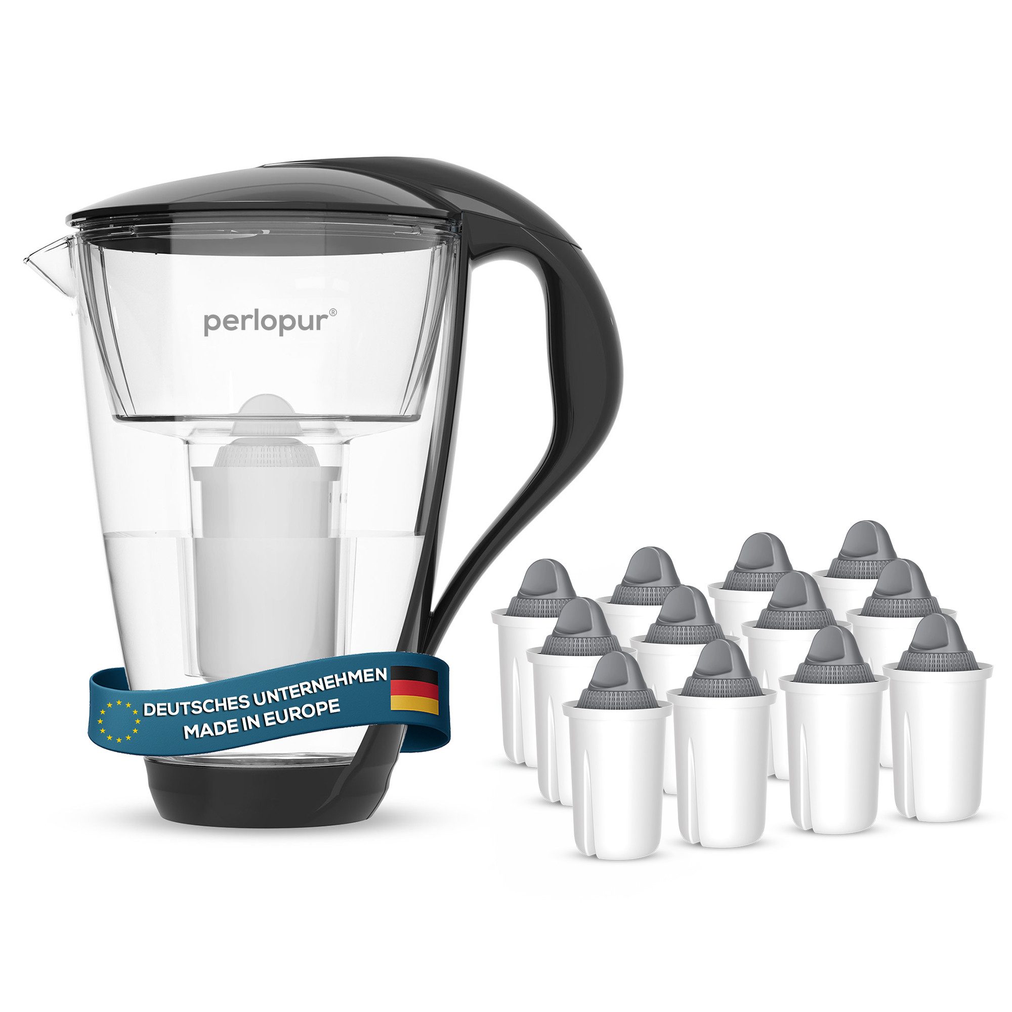 PerloPur Wasserfilter Glas Wasserfilter Schwarz Inkl. 12 Protect Plus Filterkartuschen