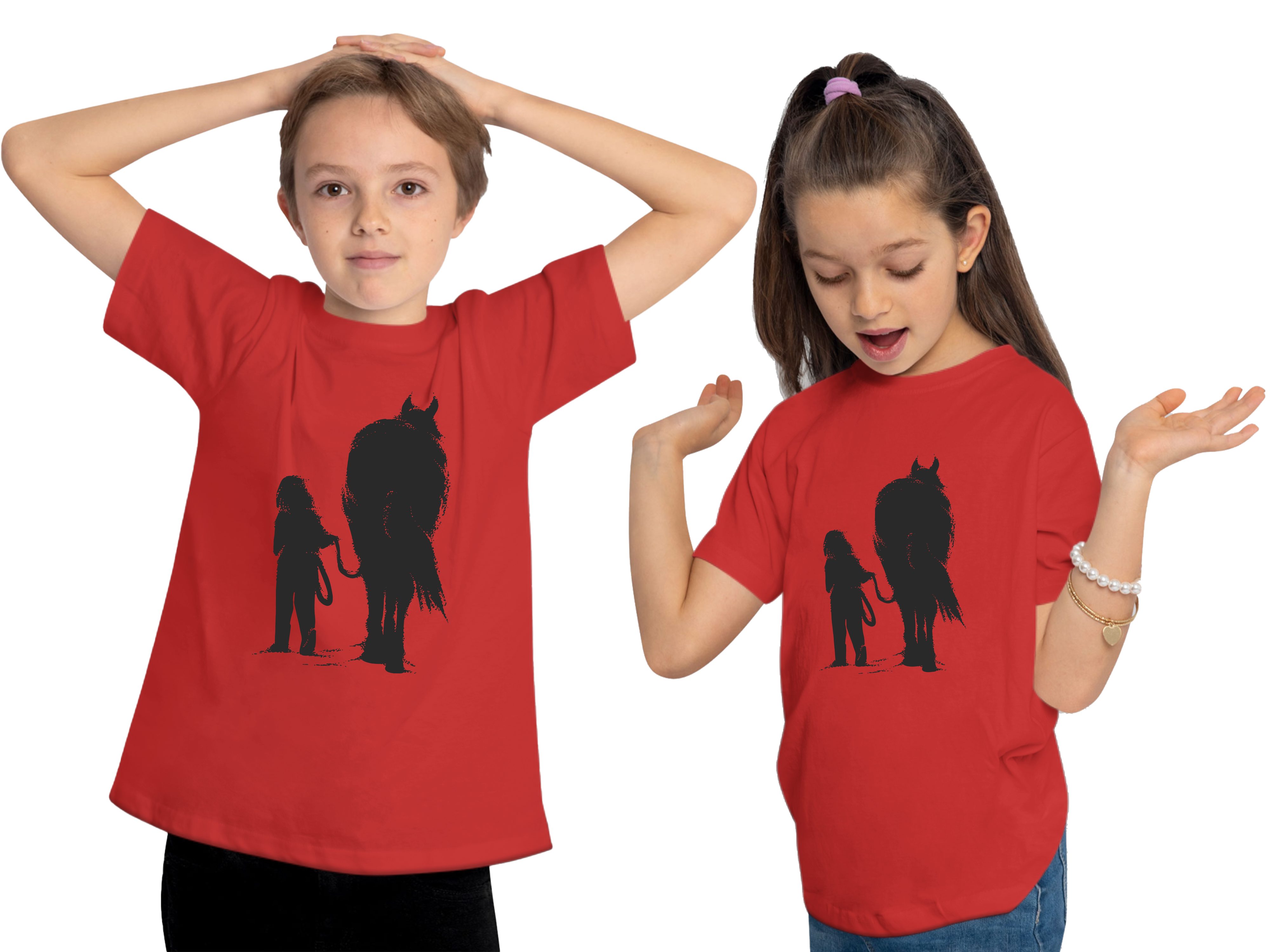 & mit Spaziergang Shirt Kinder MyDesign24 beim Pferd Print Baumwollshirt i250 rot T-Shirt bedruckt - Mädchen Aufdruck,