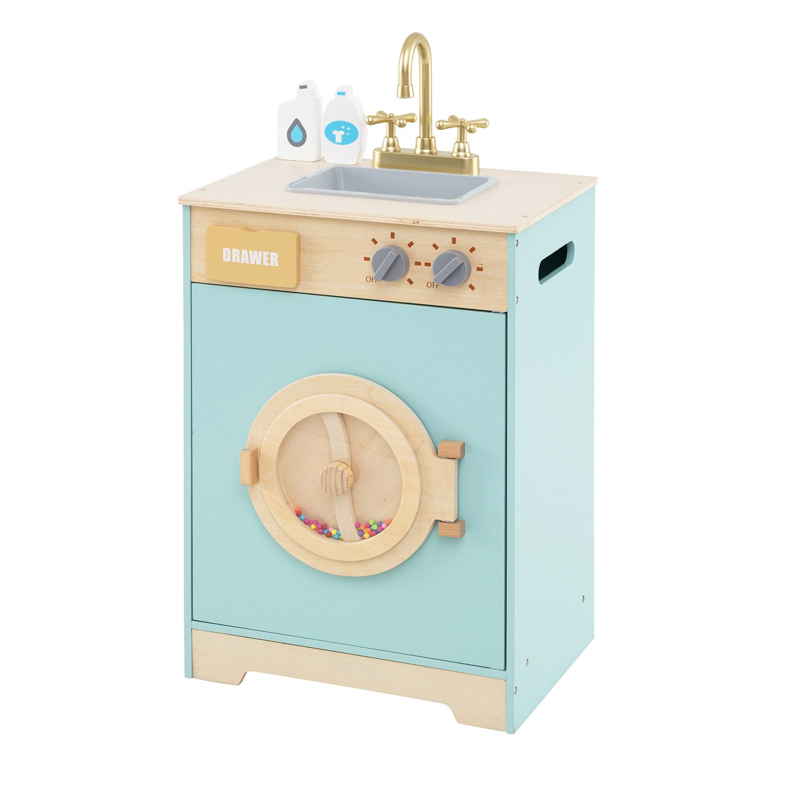 COSTWAY Kinder-Waschmaschine, Holz, Spielzeug-Waschmaschine mit Spüle & Schublade