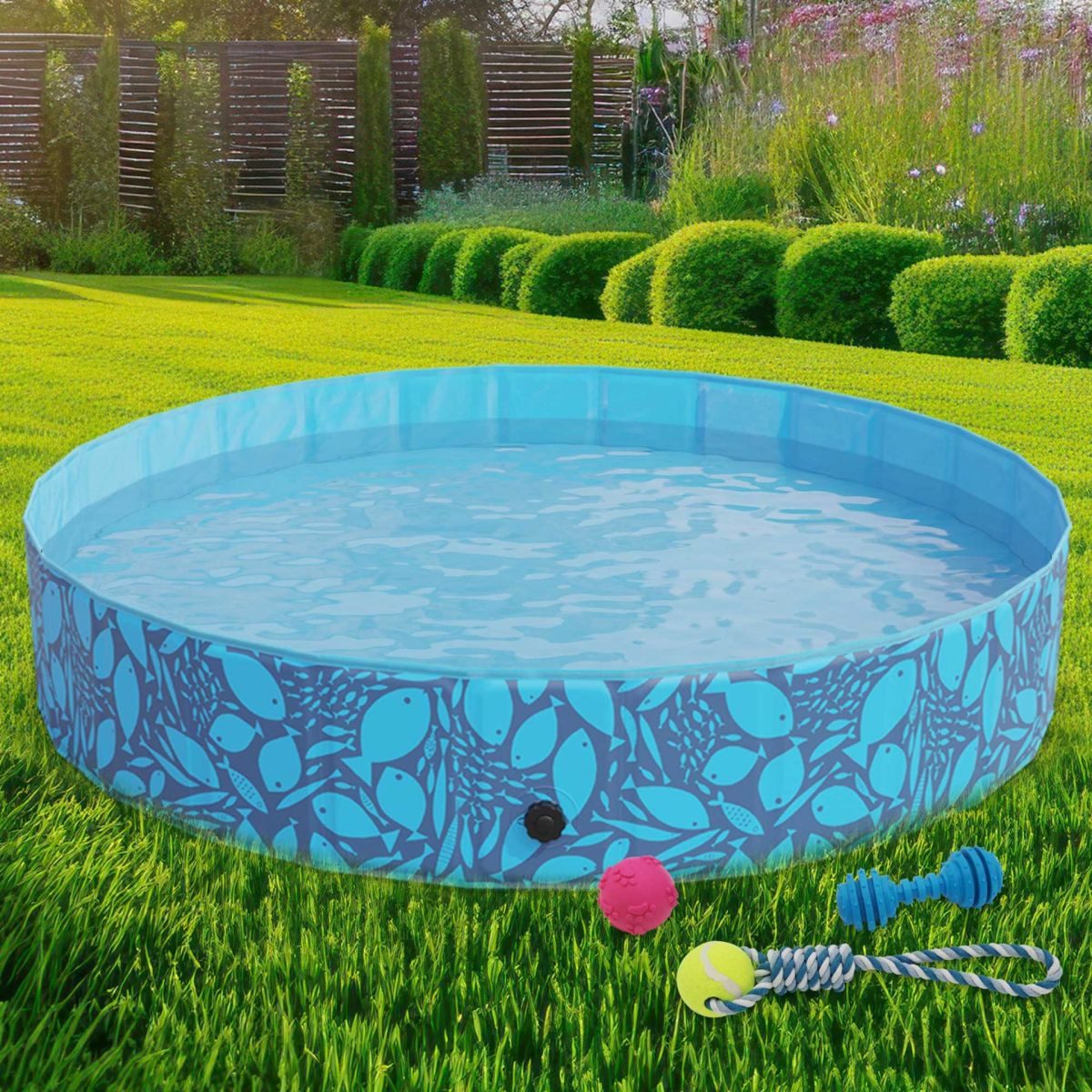 Zooprinz Hundepool inklusive drei Spielzeuge, stabil, faltbar, UV-Beständig, Schlauchanschluss, mit Reperaturkleber, für Hunde, Katzen, Kinder