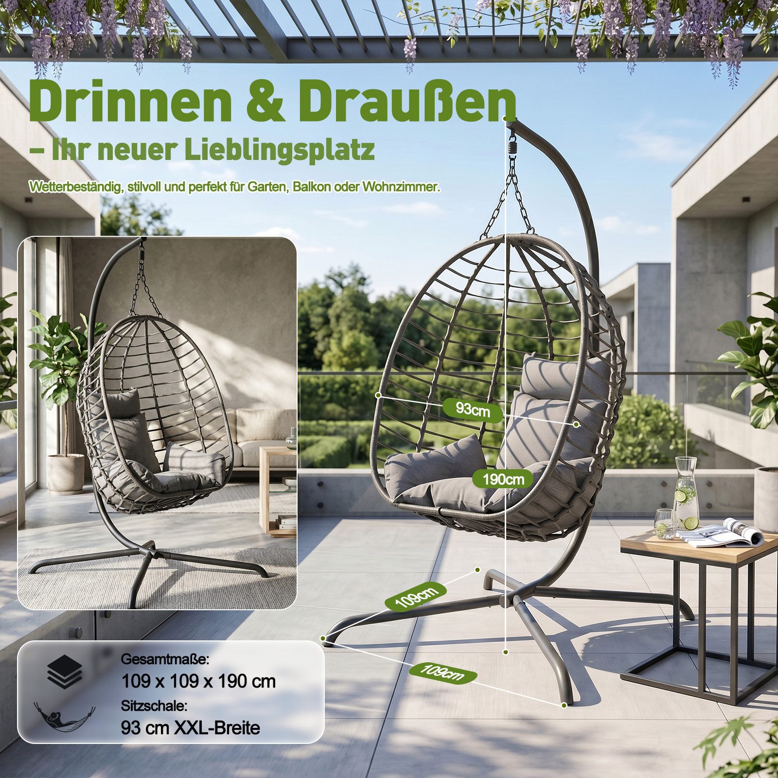 Sekey Hängesessel mit Gestell Hängekorb Sessel Rattan klappbarer Hängestuhl als Schaukel, Outdoor und Indoor Garten, Balkon bis 150 kg belastbar mit Kissen