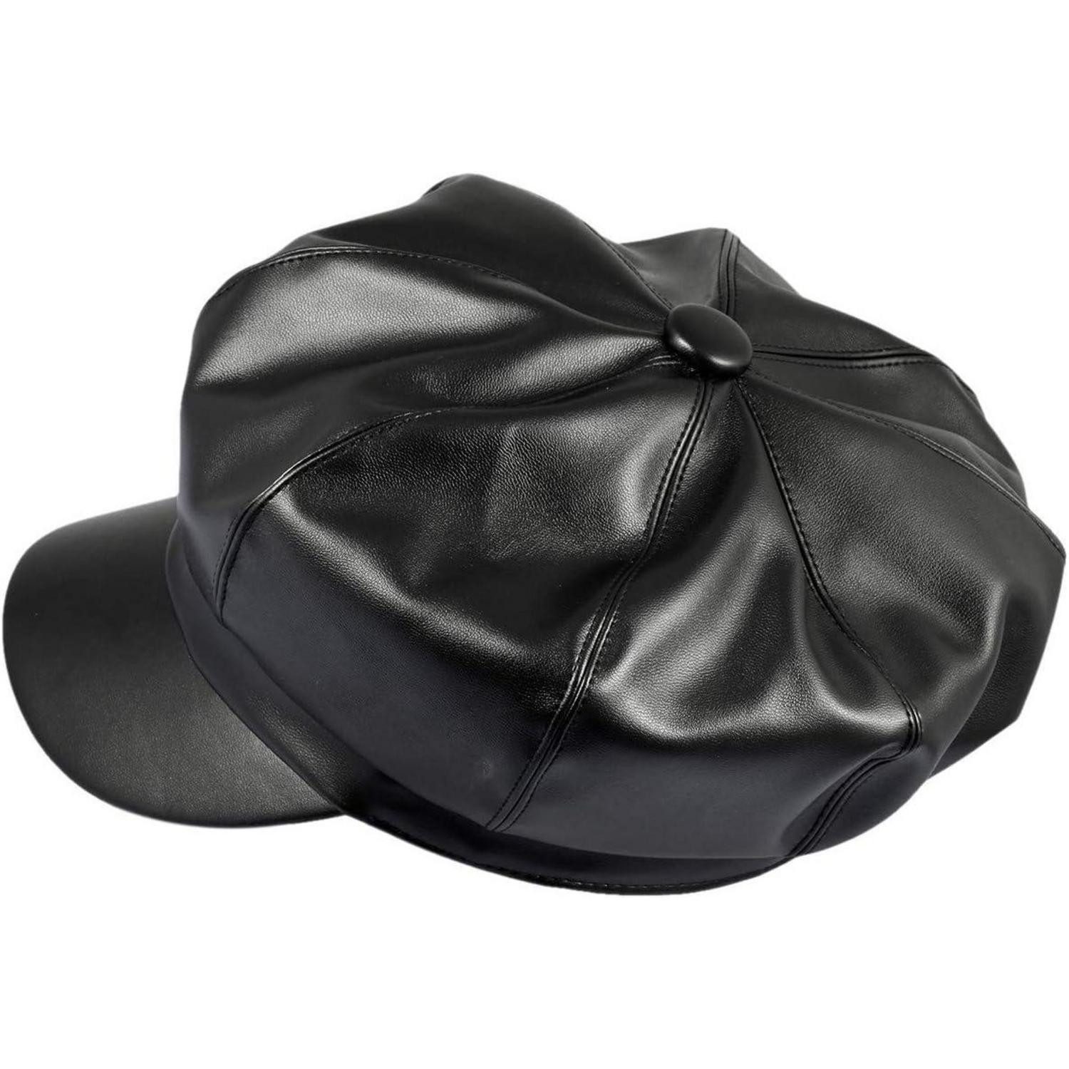 LuxusKollektion Baskenmütze Damen PU Leder Barett Hut 8 Panels Newsboy Schirmmütze Schwarz