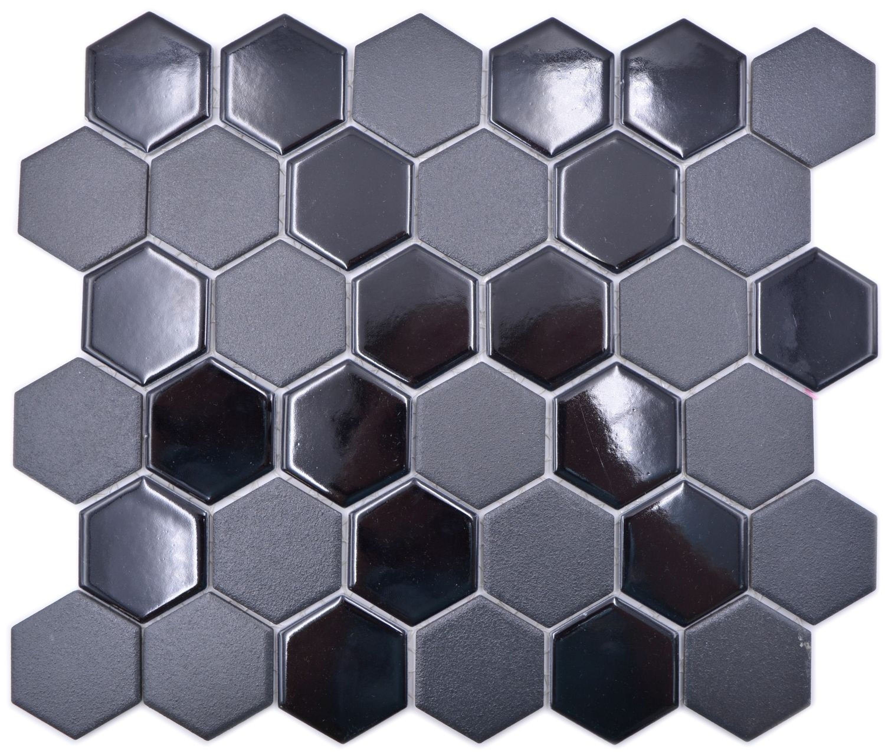 Mosani Bodenfliese Hexagon Sechseck Keramik Mosaik Fliese matt glänzend schwarz