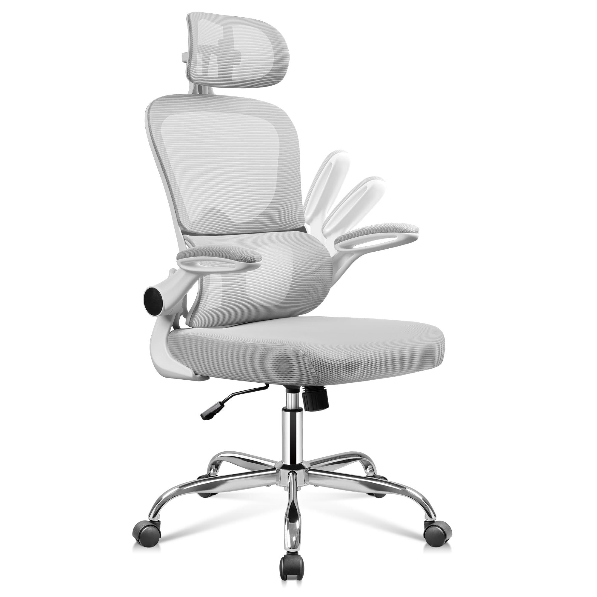 DEVAISE Bürostuhl Ergonomischer Drehstuhl mit 3D-Kopfstütze, Lordosenstütze (90° klappbaren Armlehnen), Mesh-Rücken, Wippmechanik 90–125°, bis 136 kg