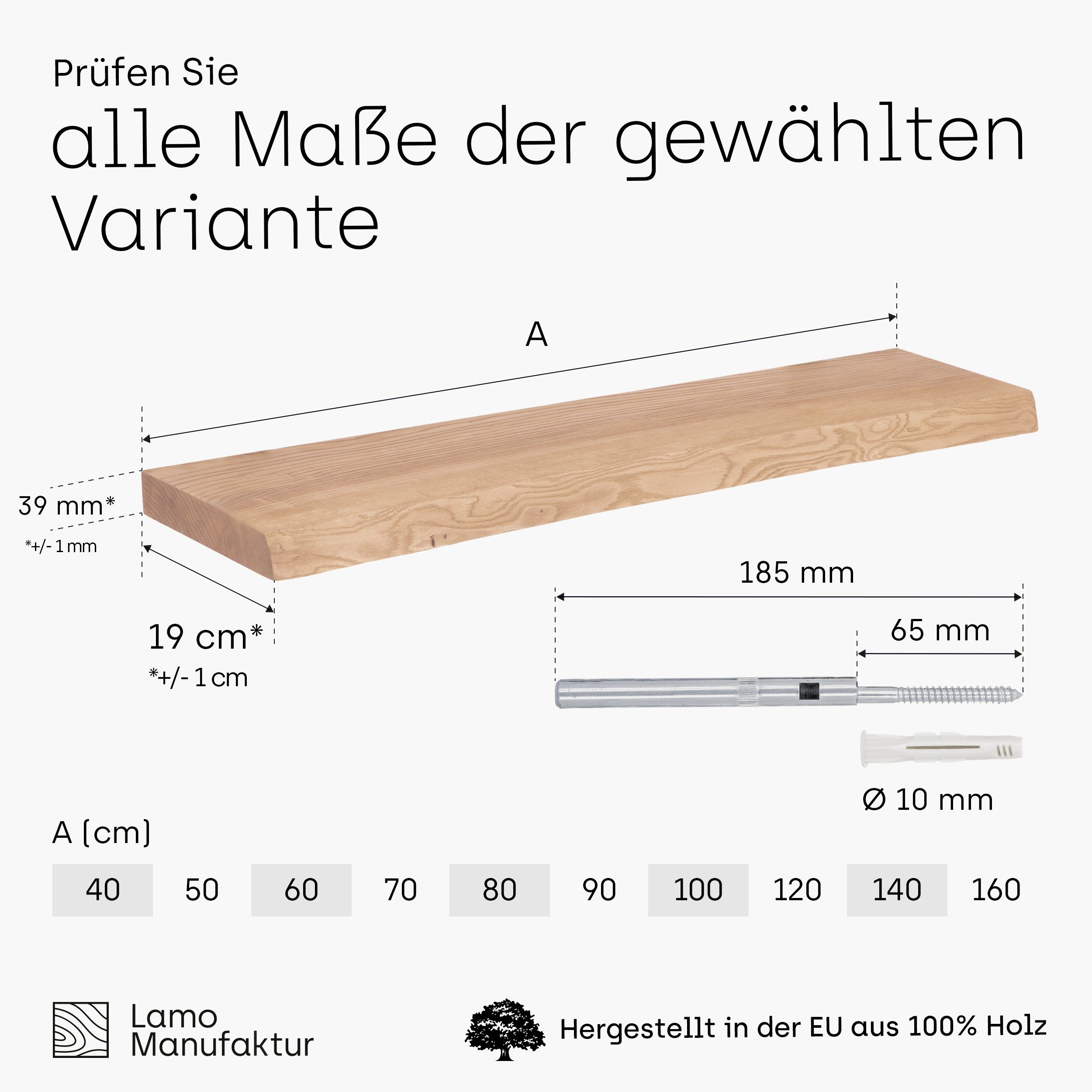 Komplett-Set, Massivholzplatte LAMO Würth Invisible Dübel, 40mm Wandregal mit Manufaktur stake Roh