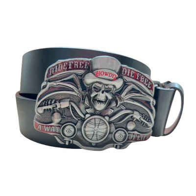 Ware aus aller Welt Ledergürtel Wechselgürtel Gürtel in schwarz mit Biker Skull Gürtelschnalle Buckle