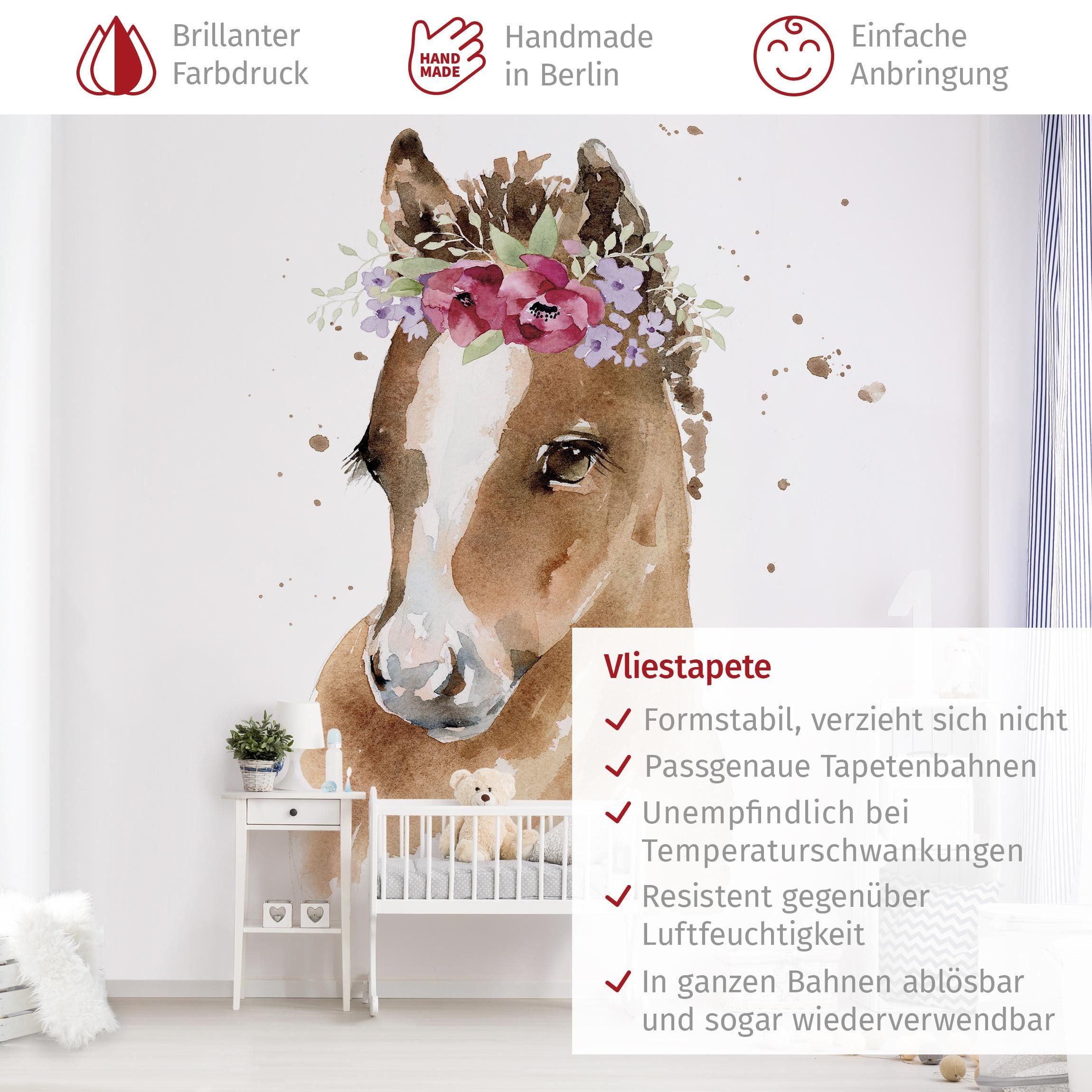 Bilderdepot24 Kindertapete Florales Pferd Aquarell Kinder Kunst Tiere braun moderne Wanddeko XXL, Glatt, Matt, (Vliestapete inkl. Kleister oder selbstklebend), Mädchenzimmer Jungenzimmer Babyzimmer Bildtapete Fototapete Wandtapete