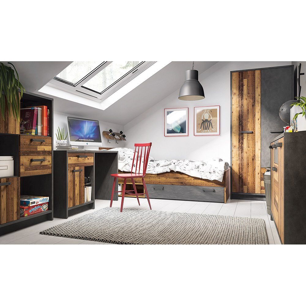 Lomadox Jugendzimmer-Set NELSON-129, (Sparset, 5-tlg), Bett 90x200, Schreibtisch, Kleiderschrank, Sideboard, in grau mit Holz