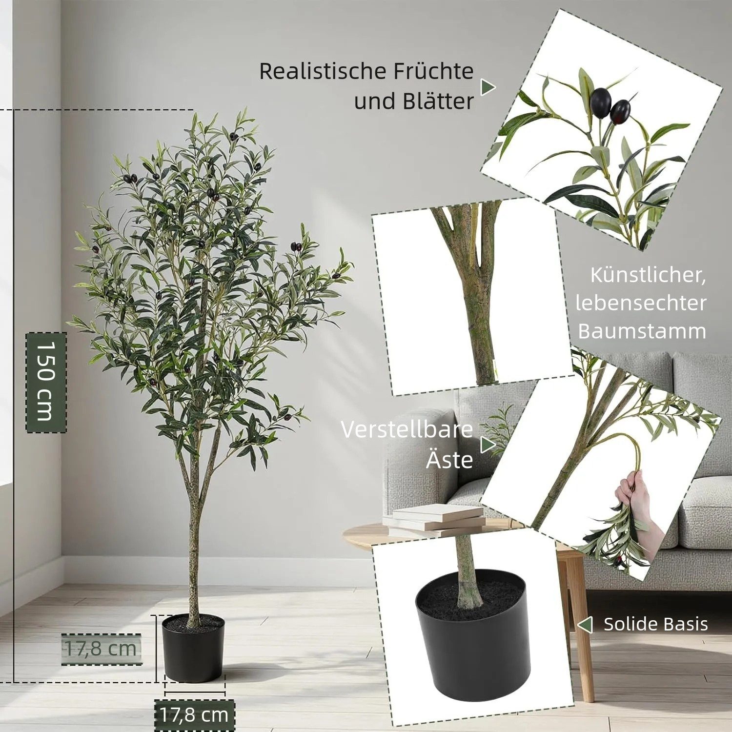 Kunstbaum, Olivenbaum Künstlich, Kunstpflanze 120cm/150cm/180cm, TLGREEN, Höhe 120 cm, Schlafzimmer, Büro, Moderne Dekoration, Housewarming Geschenk