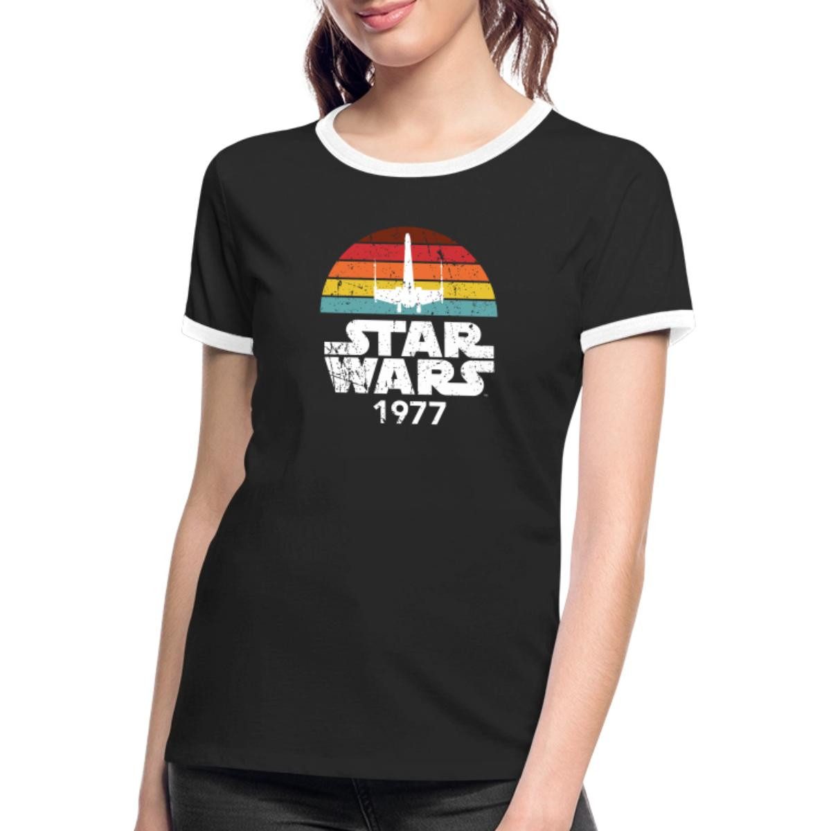 T-Shirt Star Wars Schriftzug 1977 Retro Frauen Kontrast T-Shirt