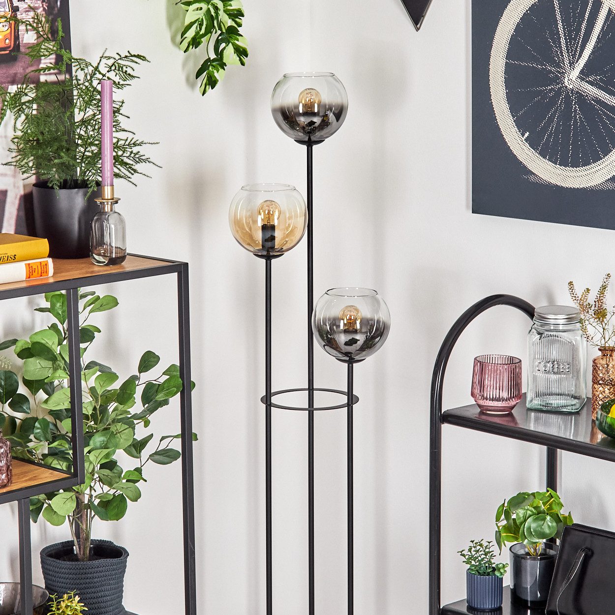 hofstein Stehlampe Stehlampe aus Metall/Glas in Schwarz/Rauch-/Bernsteinfarben/Klar, ohne Leuchtmittel, Stehleuchte im Retro-Design m. Glasschirmen (15cm), Fußschalter, E14