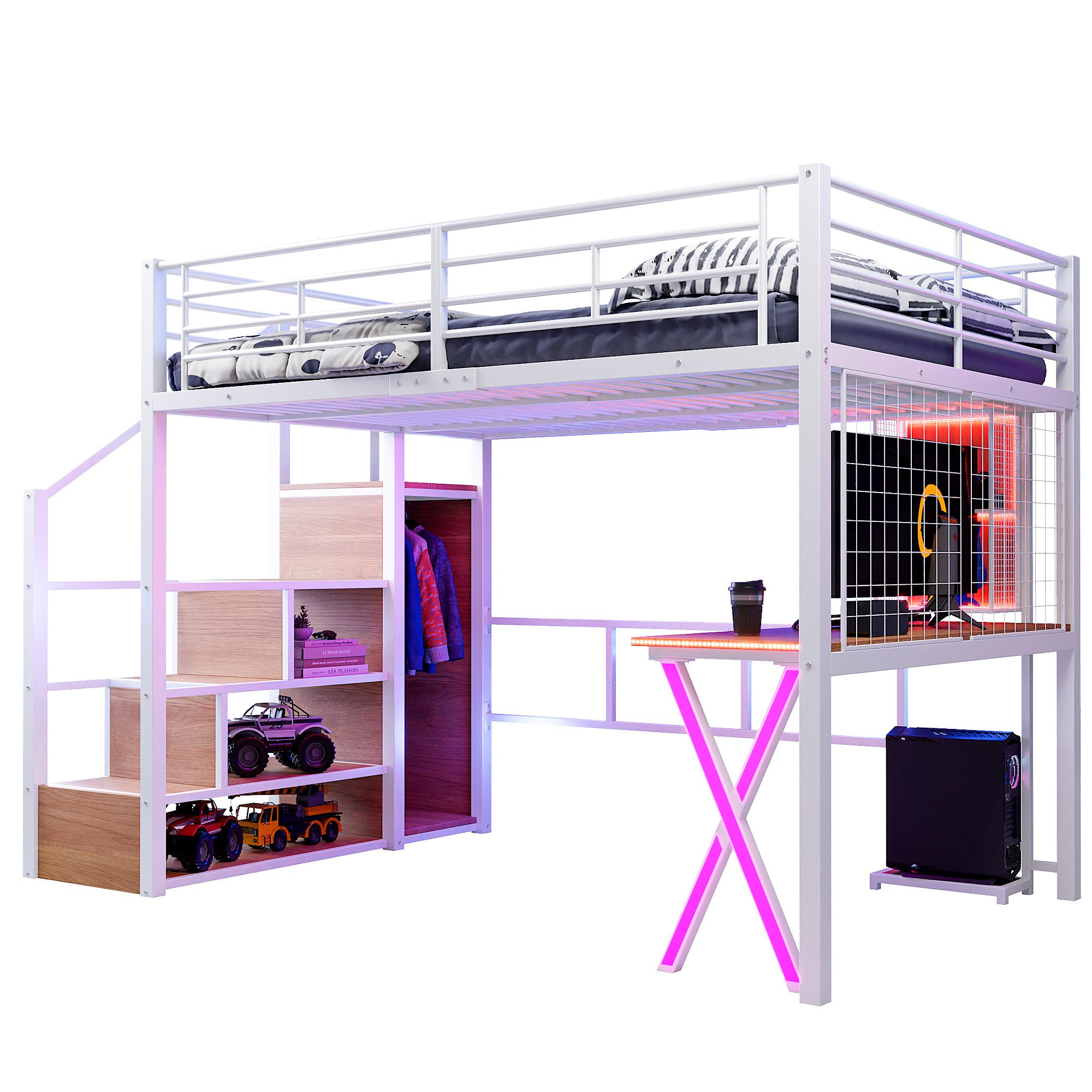 TavilaEcon Hochbett mit Ambientelicht, Ablageleiter, Schreibtisch günstig online kaufen