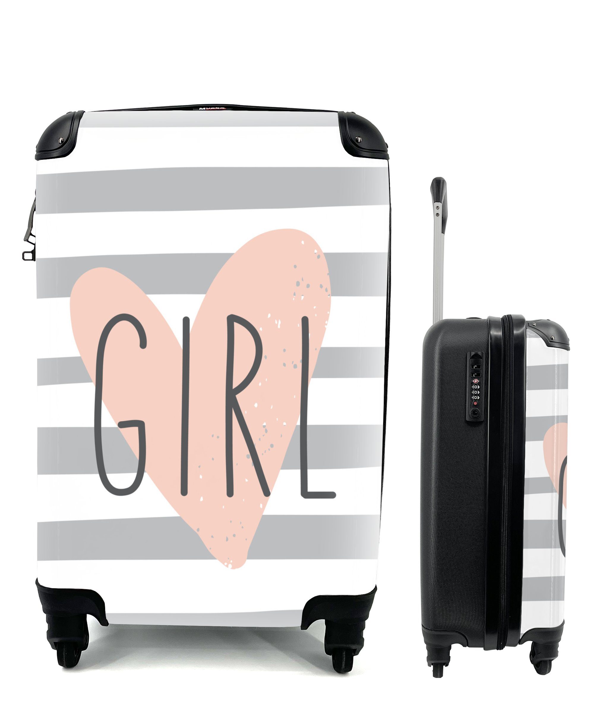 MuchoWow Handgepäckkoffer Illustration mit einem Herz und dem Zitat "Girl"., 4 Rollen, Reisetasche mit rollen, Handgepäck für Ferien, Trolley, Reisekoffer
