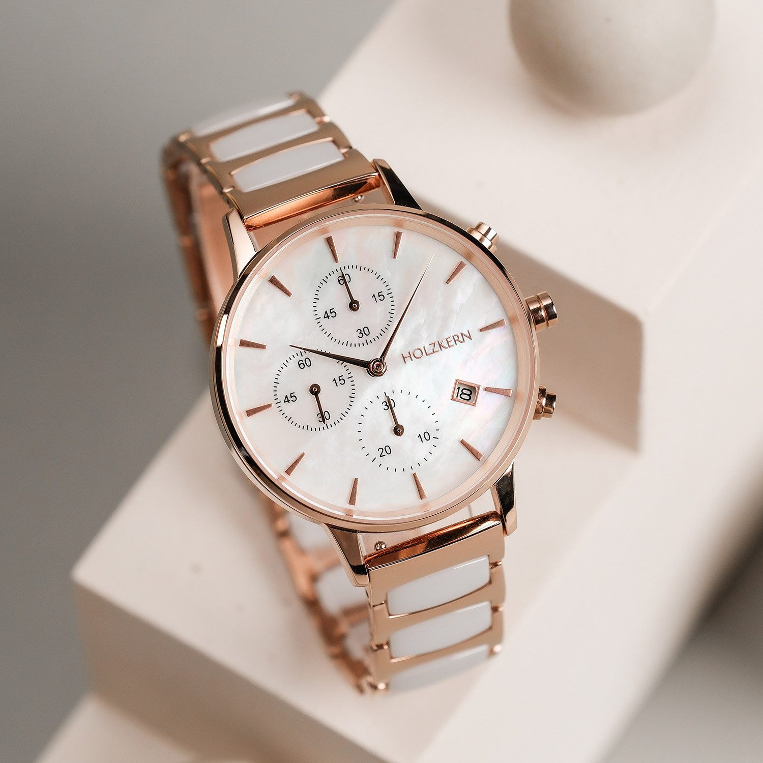 Holzkern Quarzuhr Chronograph Shiny Perlmutt/Keramik günstig online kaufen