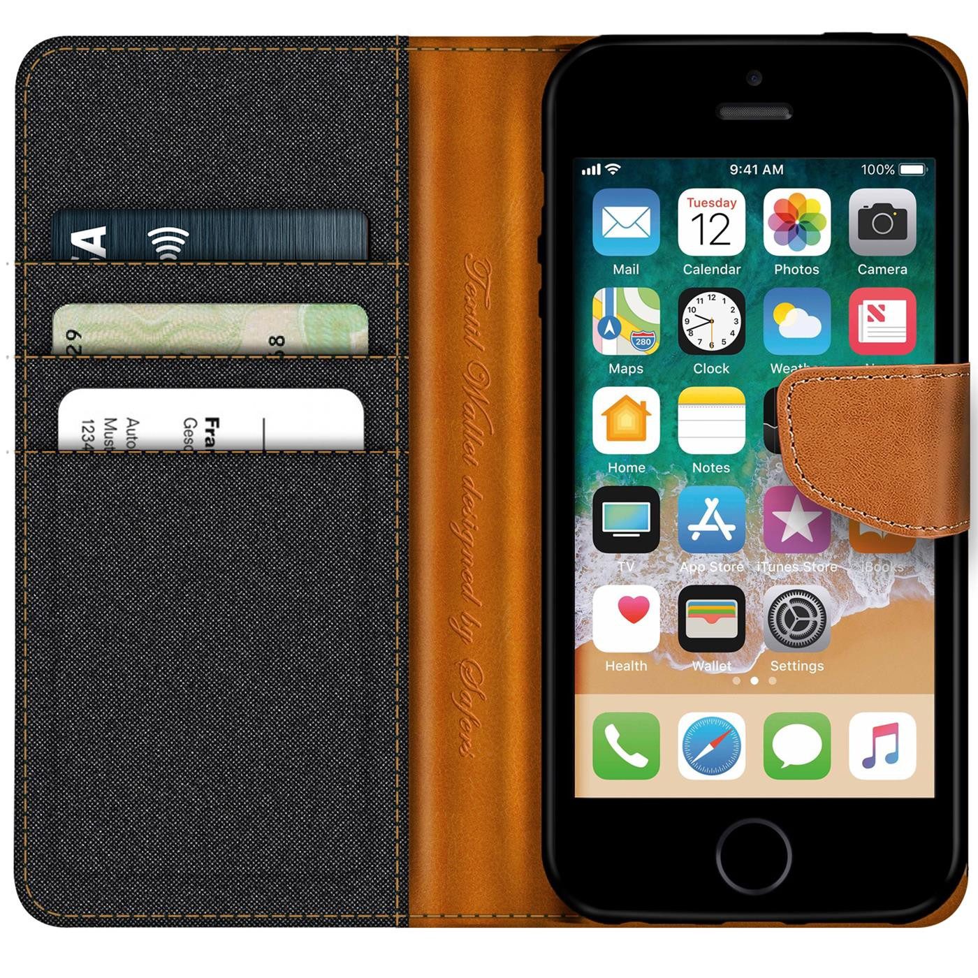 CoolGadget Handyhülle Flip Case Wallet Cover Book Tasche für Apple iPhone 5 / 5S / SE 4 Zoll, Handy Tasche mit Kartenfach Book Schutzhülle