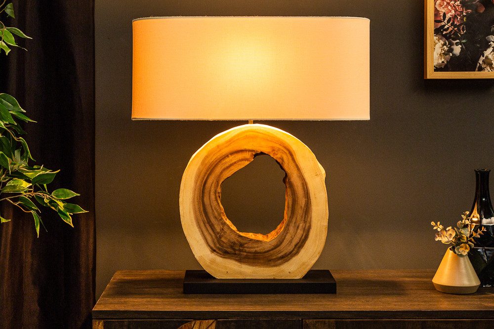 riess-ambiente Tischleuchte ORGANIC ARTWORK 63cm creme weiß/natur - Regenbaum-Massivholz, Unikat, Ein-/Ausschalter, ohne Leuchtmittel, Leuchte mit Leinenschirm im Urban Jungle Stil - ideal für Schlafzimmer