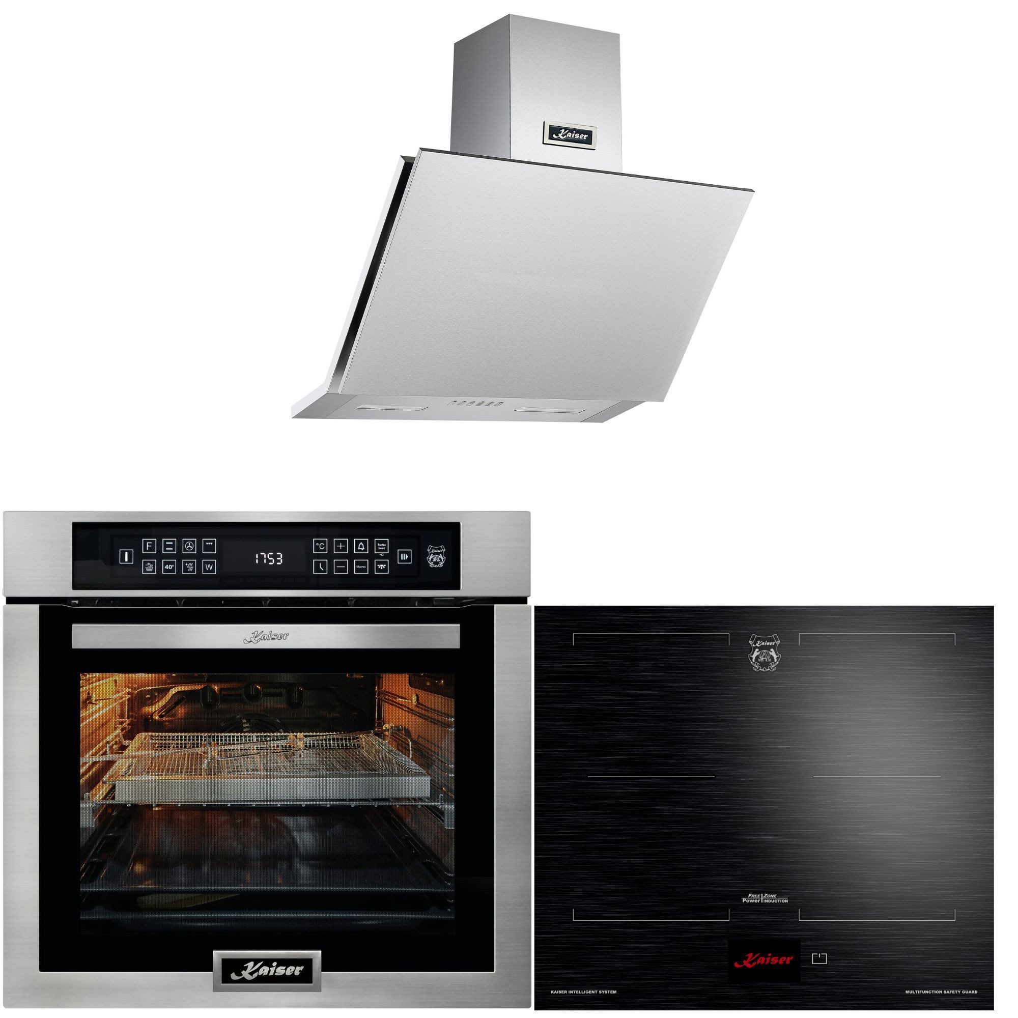 Kaiser Küchengeräte Backofen-Set Herd Set Autark Edelstahl Einbau Backofen 86L Temperatursonde – Bratautomatik 15 Fkt. Grill Air fryer Full Touch 60 cm mit Induktionskochfeld 60 cm FREE ZONE mit 2 FLEX Induktions-Zonen TFT Display +Dunstabzugshaube 60cm 1250m³/h Dunstabzugshaube 60cm 1250m³/h EH 6306 N R+KCT 6140 FI+AT 6455.., mit 1-fach-Teleskopauszug