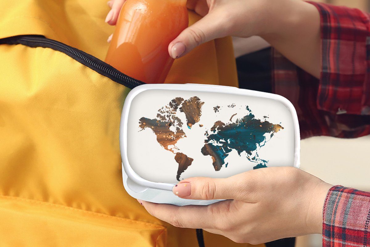 Weltkarte Brotbox Lunchbox Mädchen MuchoWow Erwachsene, Farbe, Brotdose, für und Kinder (2-tlg), - - weiß Jungs Kunststoff, Blau für und