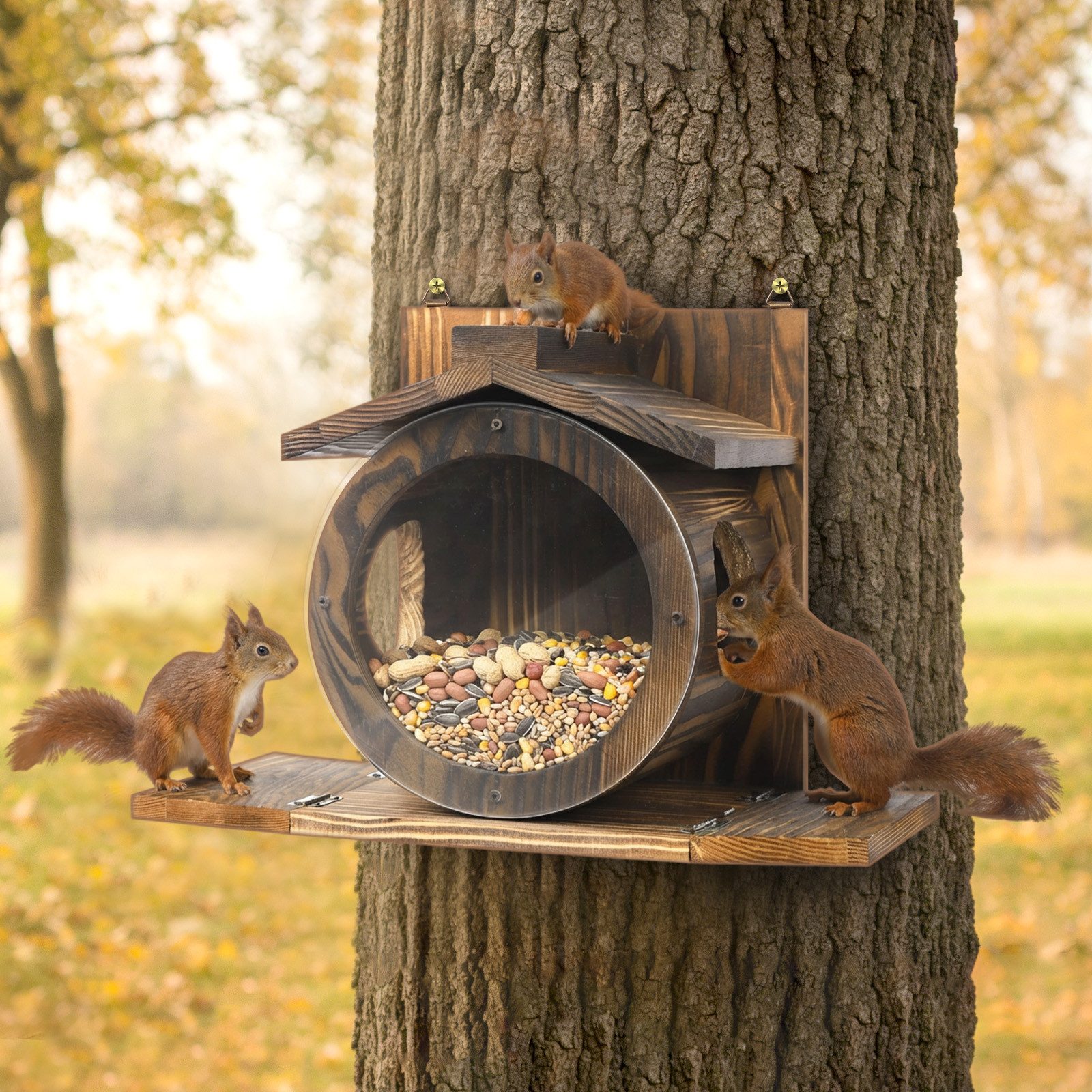 PRIISF Eichhörnchenkobel Eichhörnchen Futterhaus Wetterfest Futterstation aus Langlebigem Holz, Eichhörnchenhaus Aufhängbar Mit 2 Eingängen & 2 Sitzplattformen