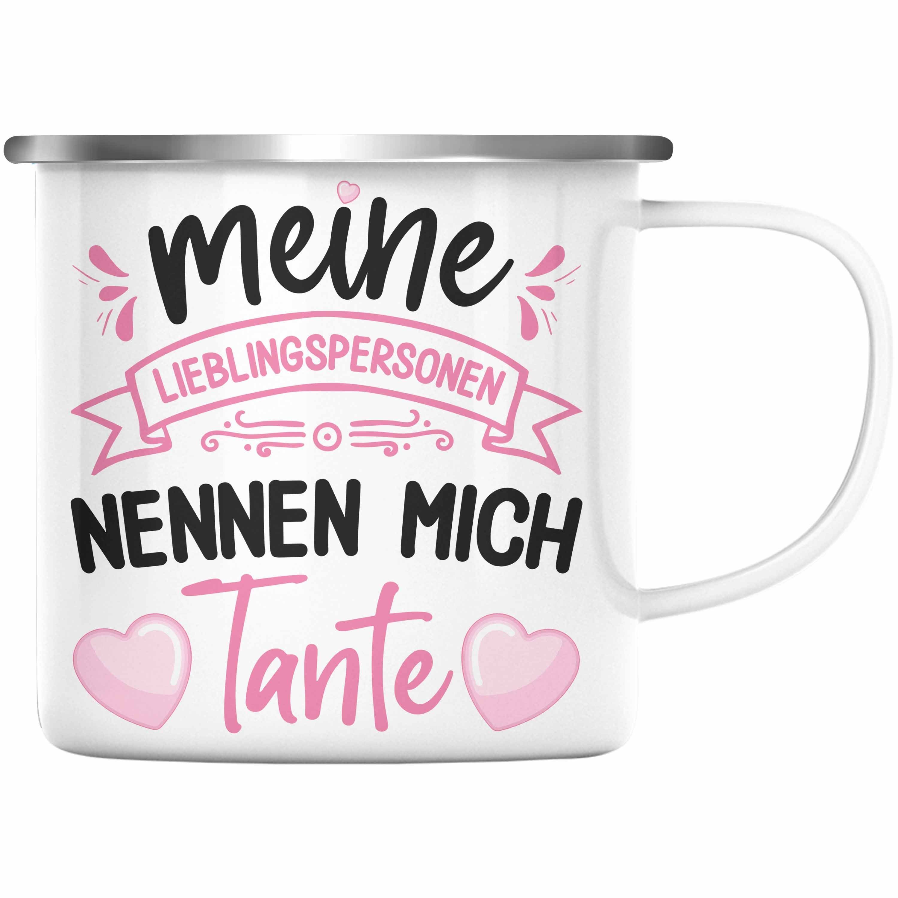 Trendation Thermotasse Trendation - Tante Geschenk Emaille Tasse Spruch Lustig Geschenkidee für Tante Geburtstag Weihnachten Silber