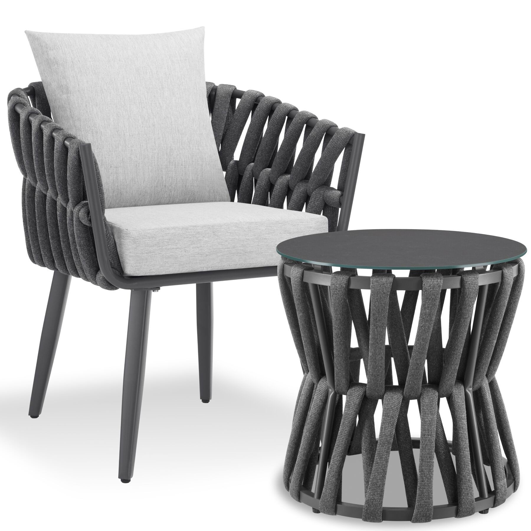 tectake Gartenlounge-Set Aluminium Sitzgruppe, höhenverstellbar, mit Sicherheitsglasplatte, (Gartenmöbel Garnitur Lugano, 2-tlg., im Rope-Design in anthrazit/grau), wetterfest und UV-beständig, gepolstert, Belastbarkeit Stuhl 120 kg